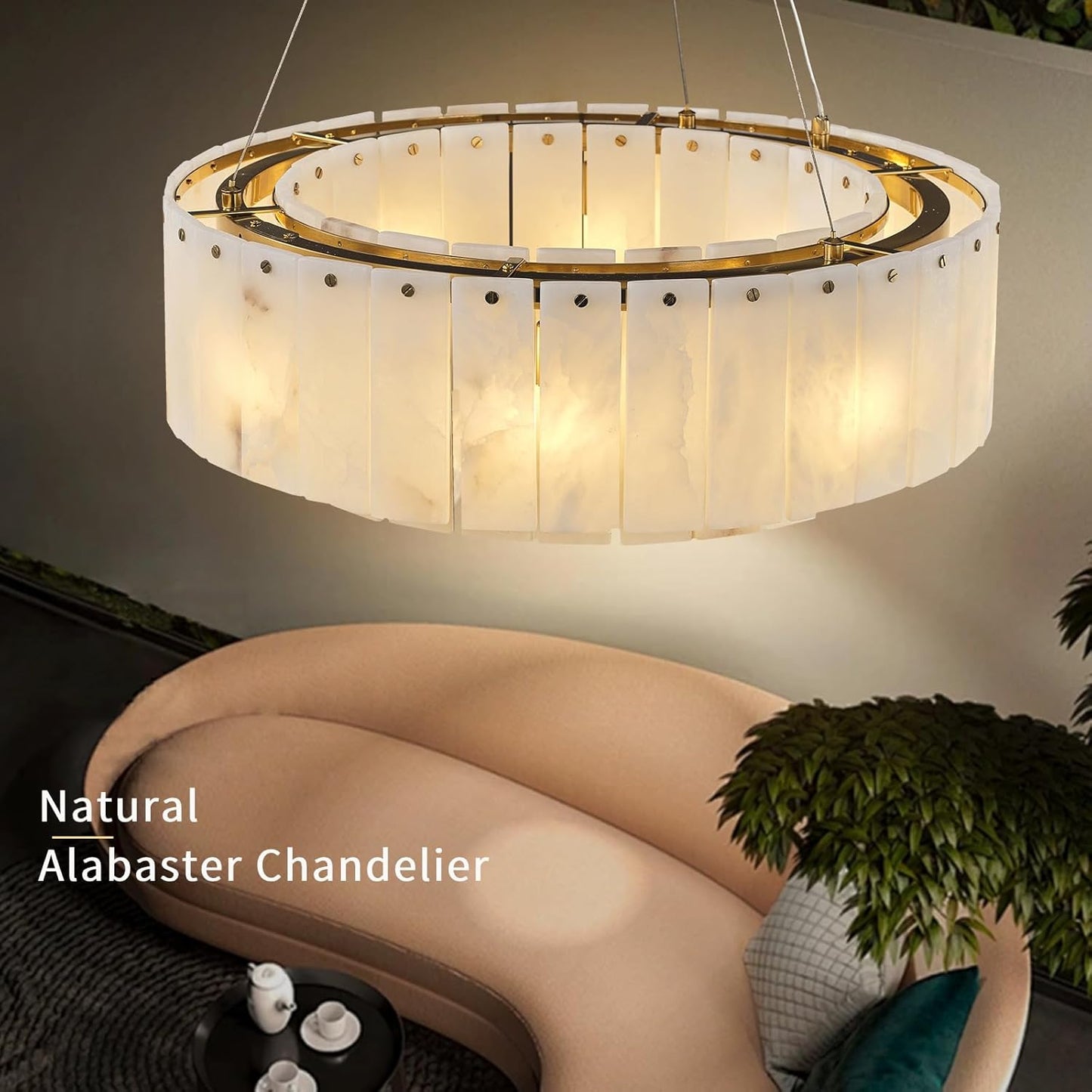 8-Light White Alabaster Chandelier, Modern Round Chandelier for Dining Room, Living Room, Kitchen Island