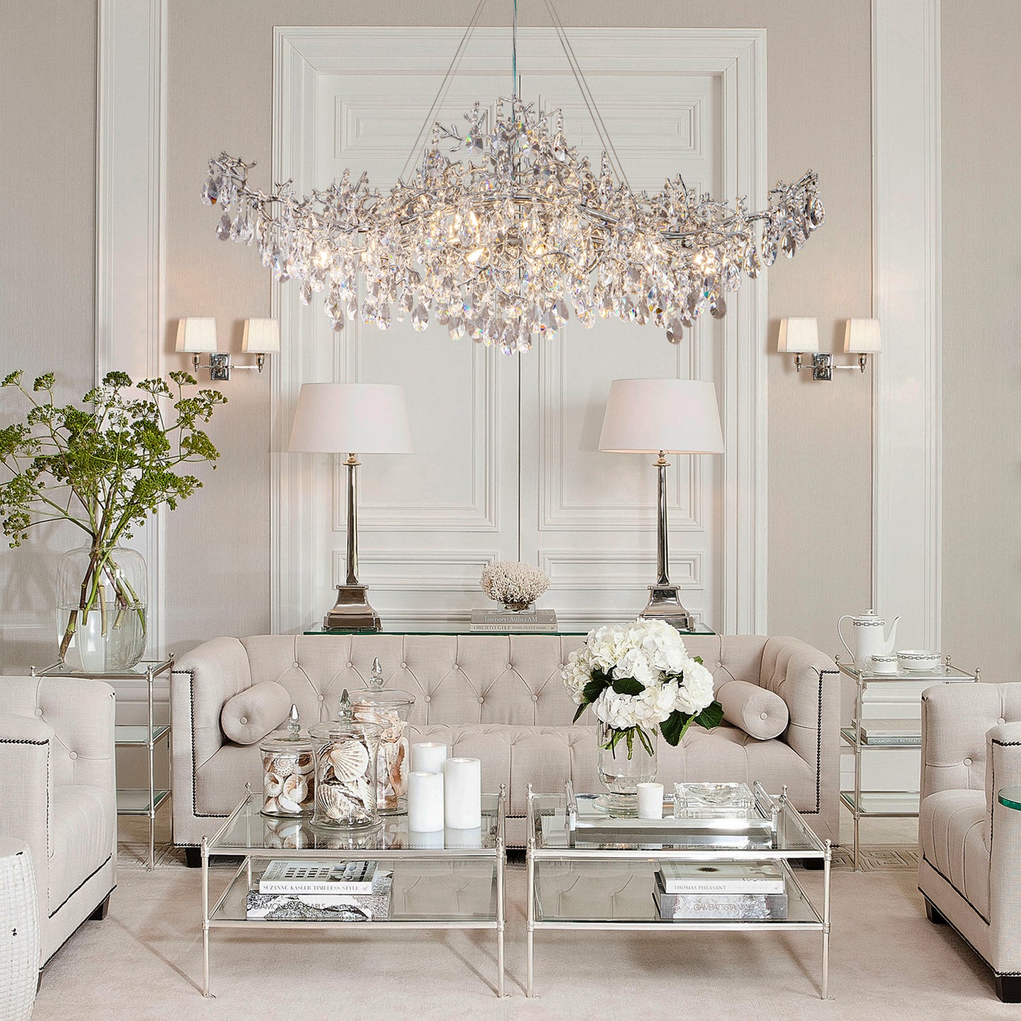 47.2" 14-Lights Silver Luxury Crystal Linear Chandelier, Modern Branch Chandelier for Dinning Room, Kitchen, Living Room