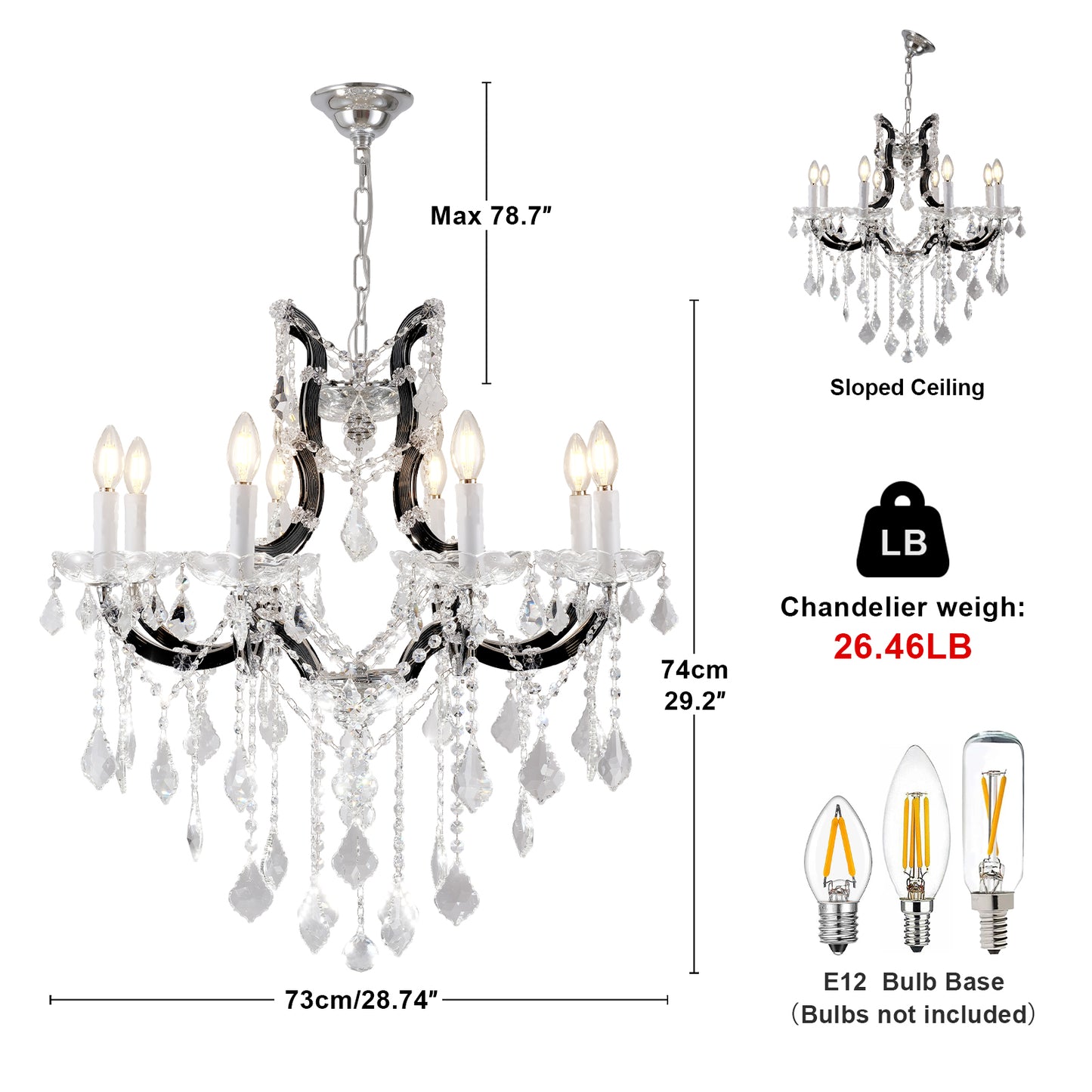Candle Chandelier 29 in. 8-Lights Black Luxury Crystal Chandelier for Dinning Room, Living Room, Foyer,Bedroom,Staircase