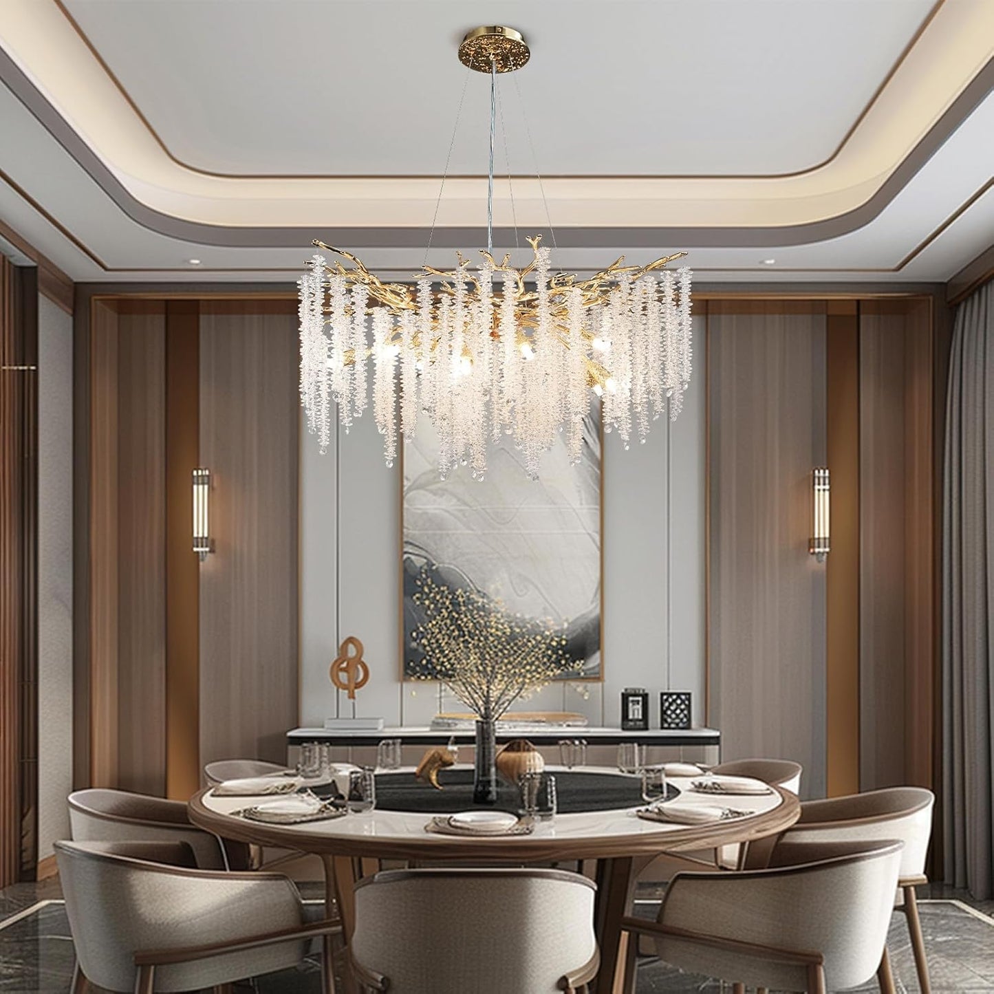 30in. 10-Light Modern Crystal Chandelier, Gold Round Luxury Tree Branch Chandelier for Dining Room, Living Room, Bedroom
