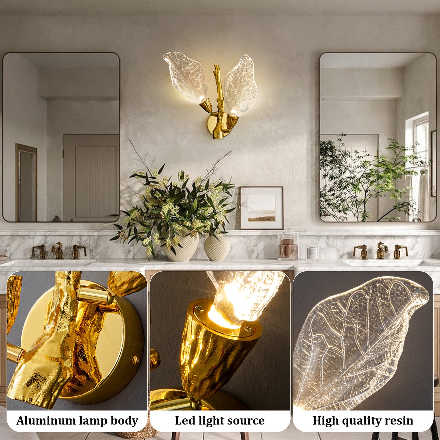 2-Light Gold Bionic Leaf Wall Sconce, LED Vanity Lighting Fixtures for Bathroom Hallway, Living Room, Stairs