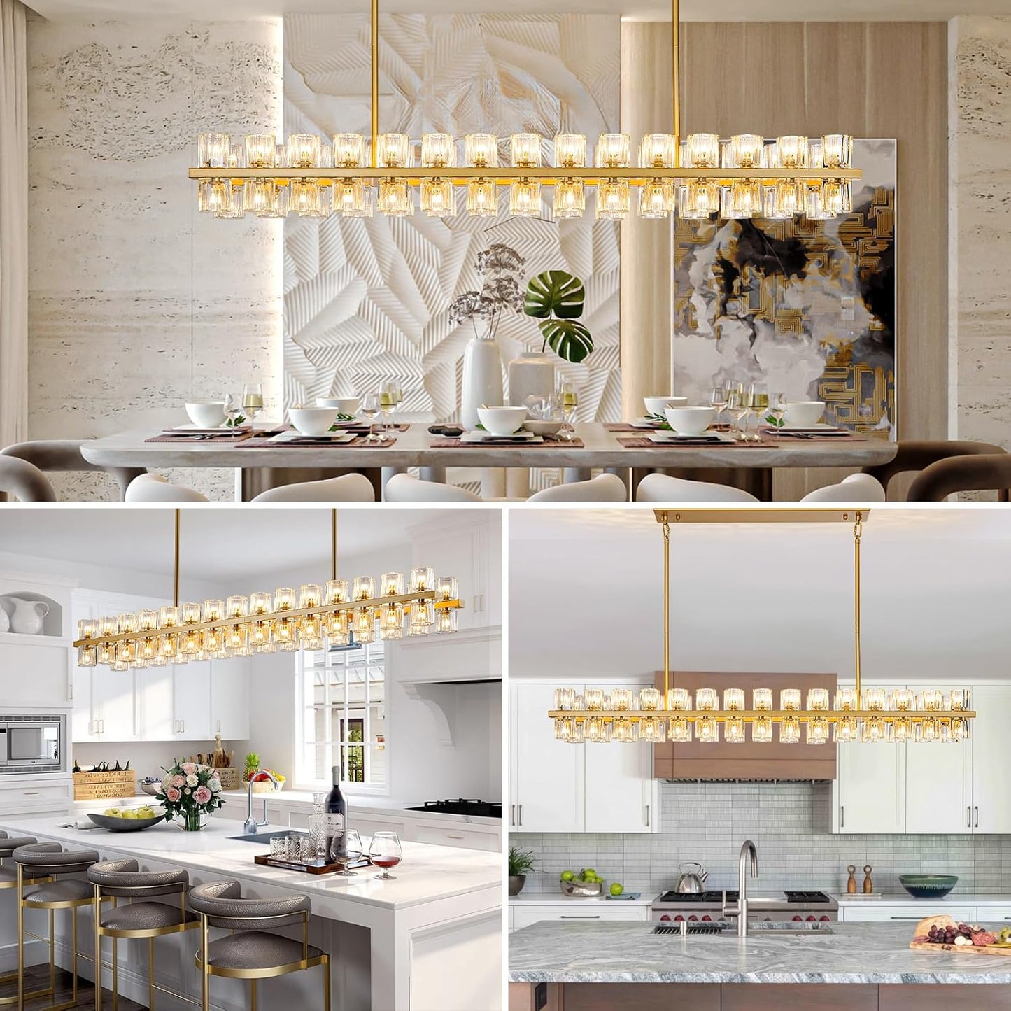 60-Light Gold Rectangular Chandelier, 54 in. Modern K9 Crystal Chandelier for Dining Room, Living Room, Foyer