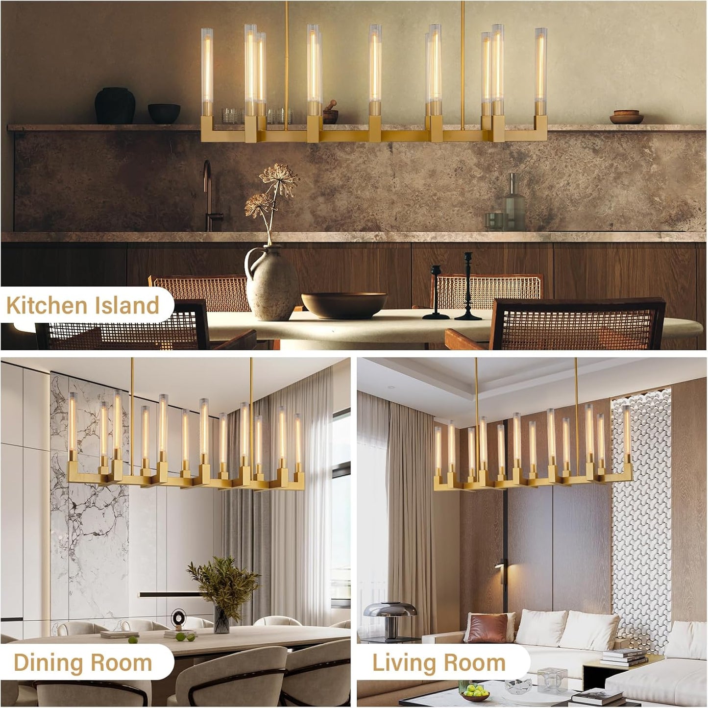12-Light Copper Candlestick Chandelier, Modern Chandelier with Glass Shade, Retangular Luxurious Ceiling Pendant Light