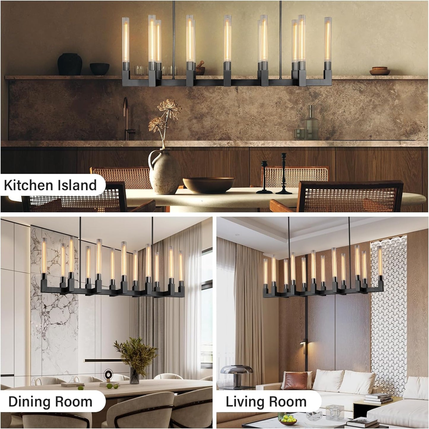 12-Light Black Candlestick Chandelier, Modern Chandelier with Glass Shade, Retangular Luxurious Ceiling Pendant Light