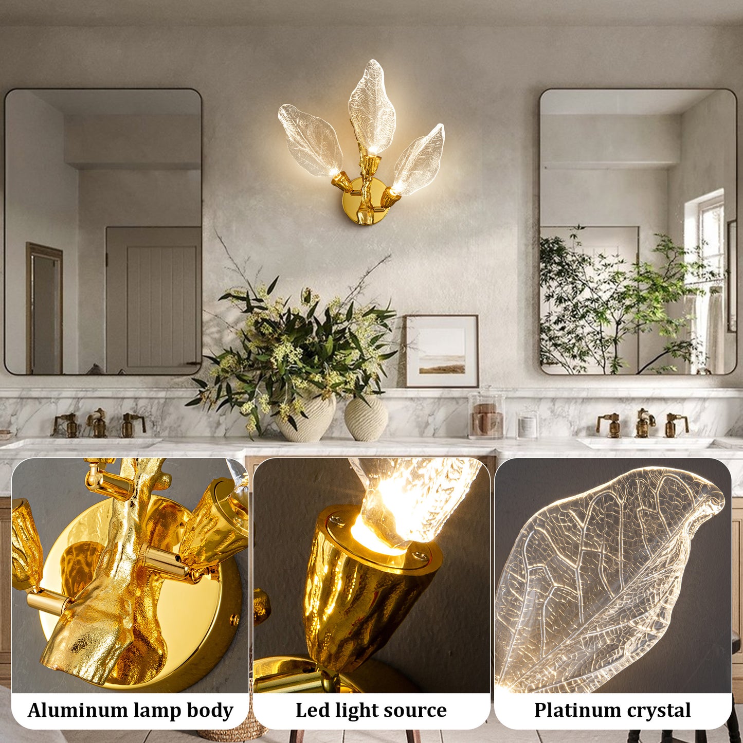 Modern 13.4 in. 3-Light Gold Bionic Leaf Wall Sconce LED Vanity Lighting Fixtures for Bathroom Hallway Living Room Stair