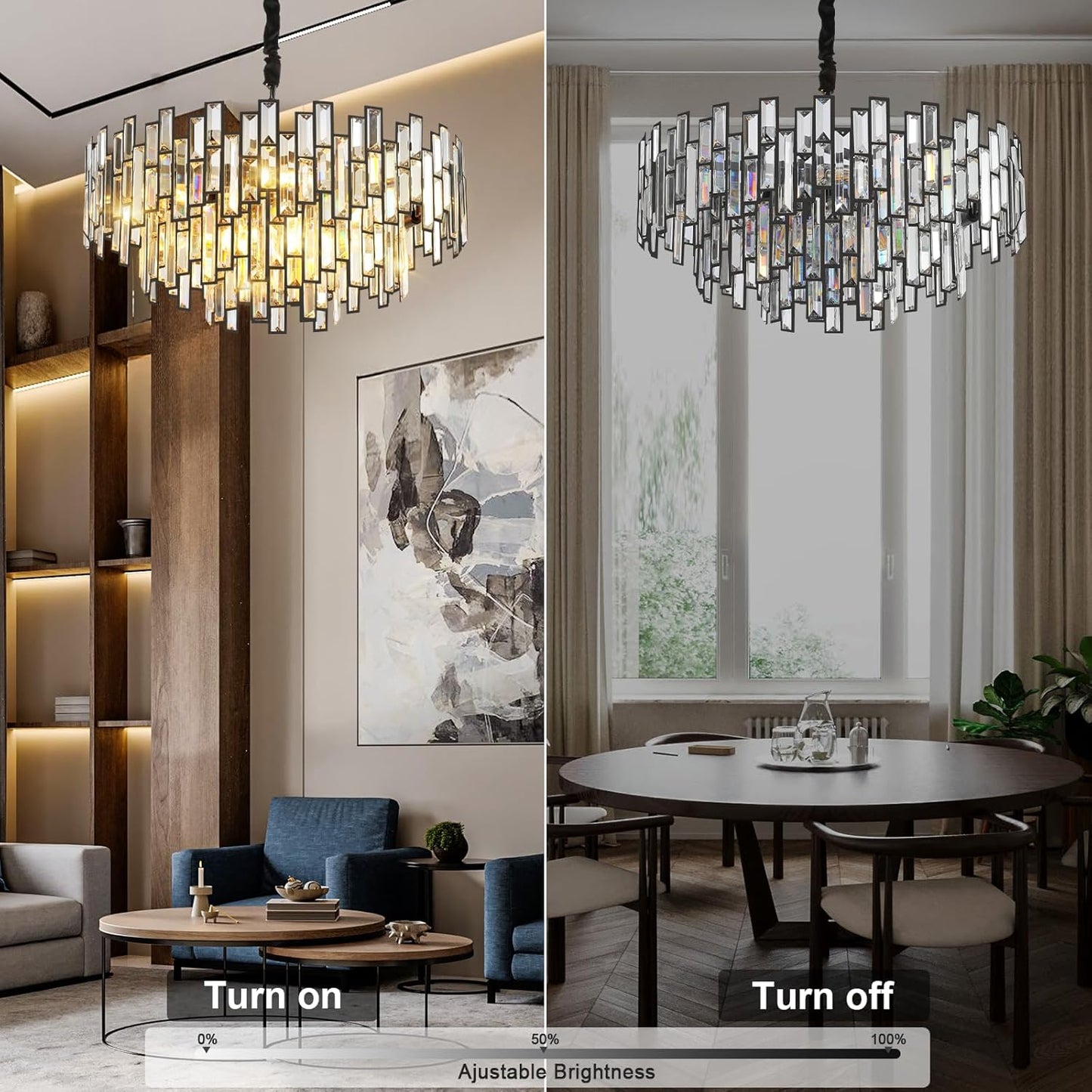 24 in. Modern Chandelier 10-Light 3-Tier Black Round K9 Crystal Chandelier for Dining Room, Living Room Entryway & Foyer
