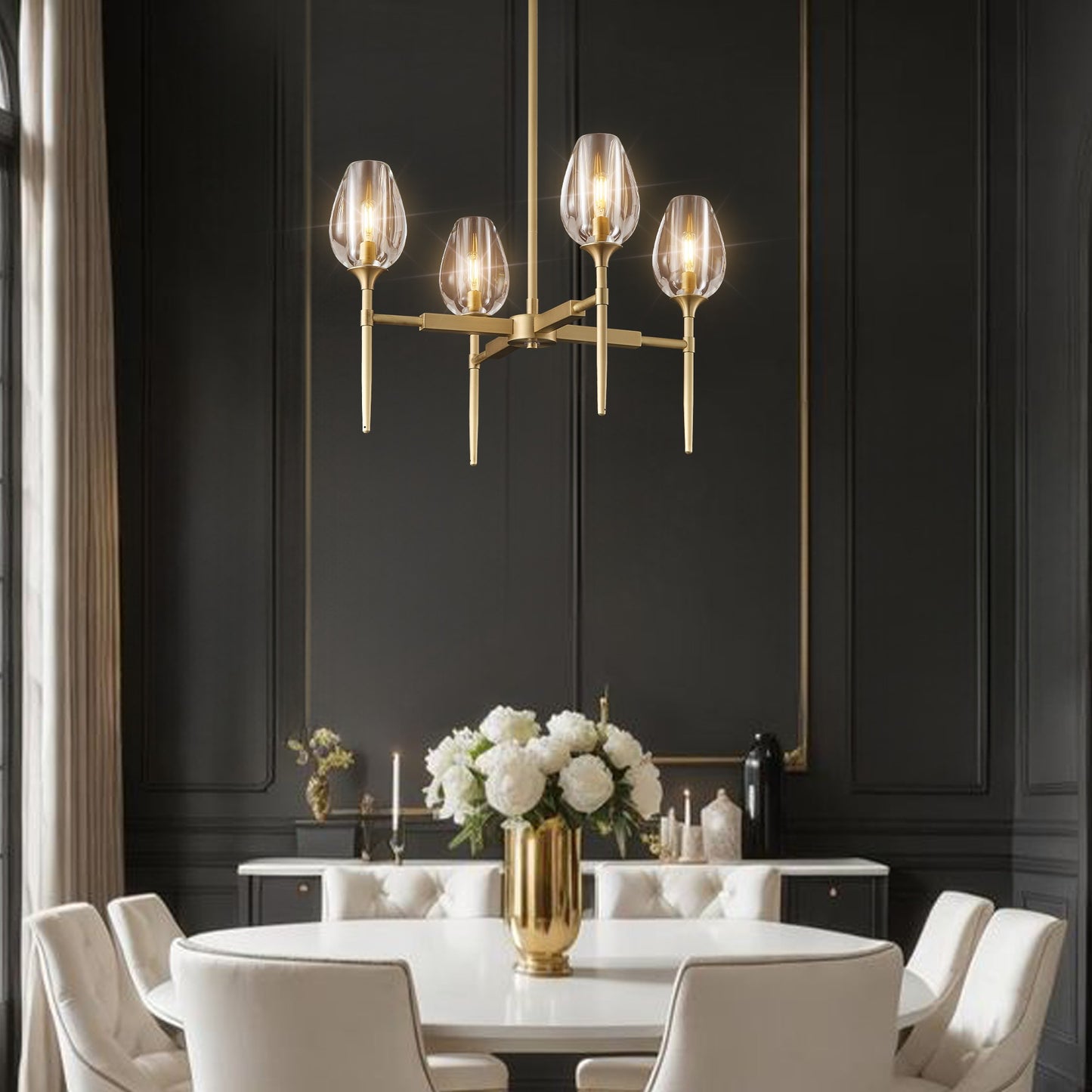 Modern Tulip Chandelier 27 in. 4-Light Gold Tulip Round Chandelier for Dining Room, Living Room, Foyer, Hallway
