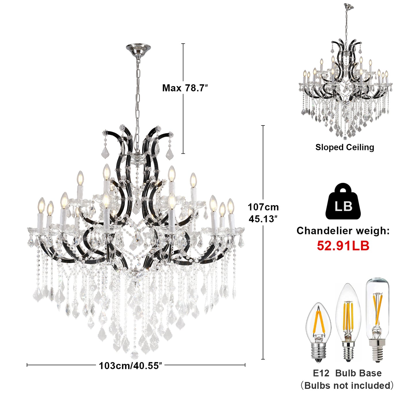 Candle Chandelier 41 in. 18-Lights Black Luxury Crystal Chandelier for Dinning Room, Living Room,Foyer,Bedroom,Staircase