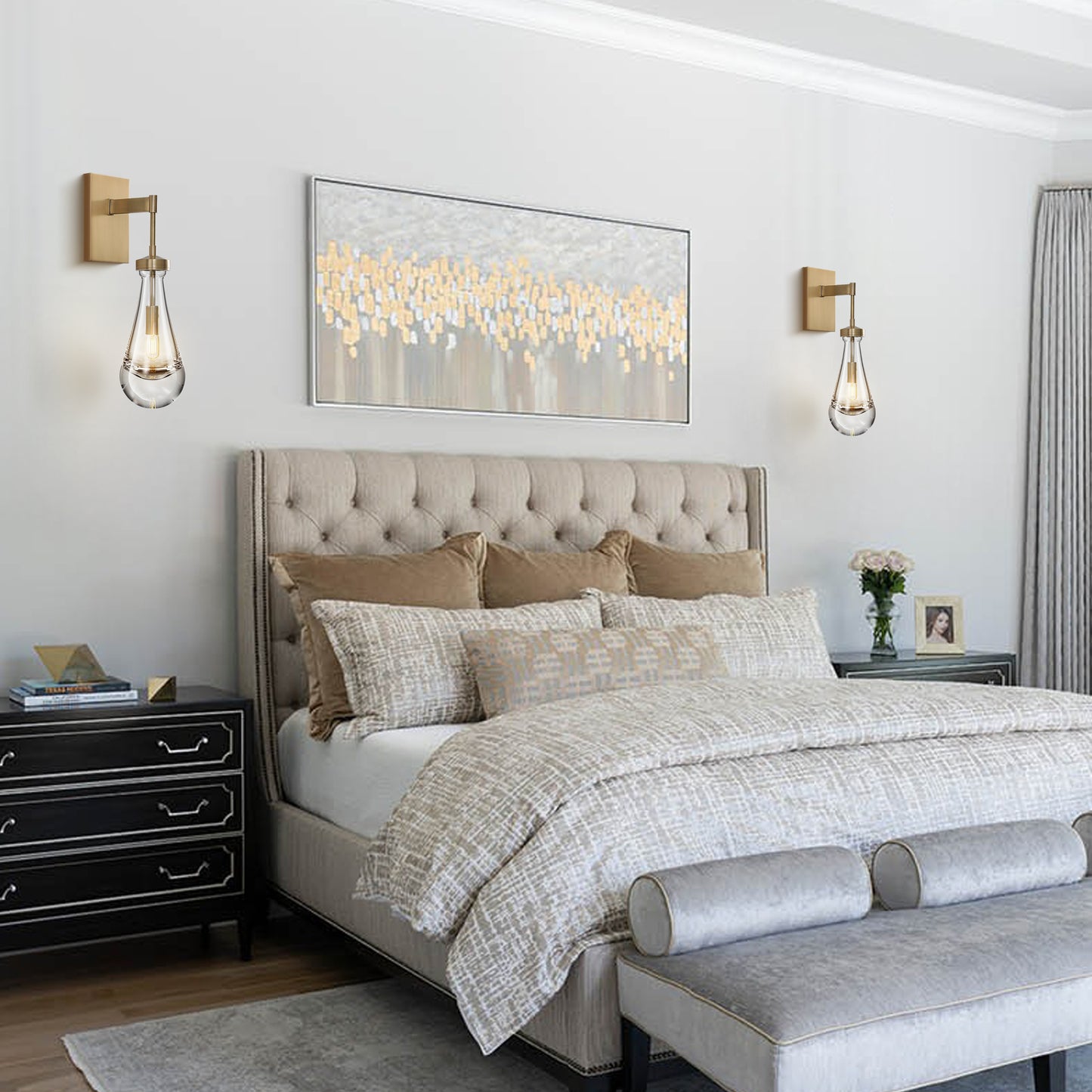17.7 in. 1-Light Gold Wall Sconce, Raindrop Wall Lighting with Hand Blown Solid Glass, Brass Base and Rod (2-Sets)