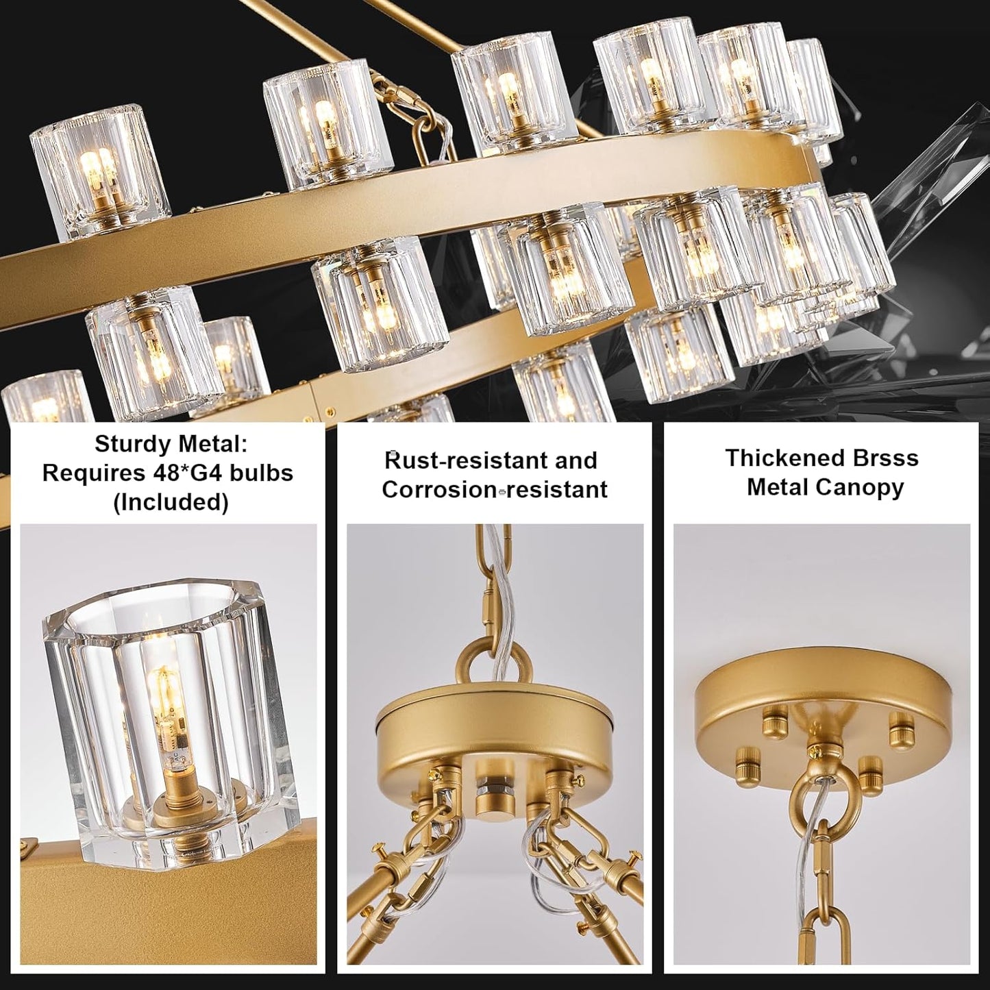 48-Light Gold Round Chandelier, 48 in. Modern K9 Crystal Chandelier for Dining Room, Living Room, Foyer