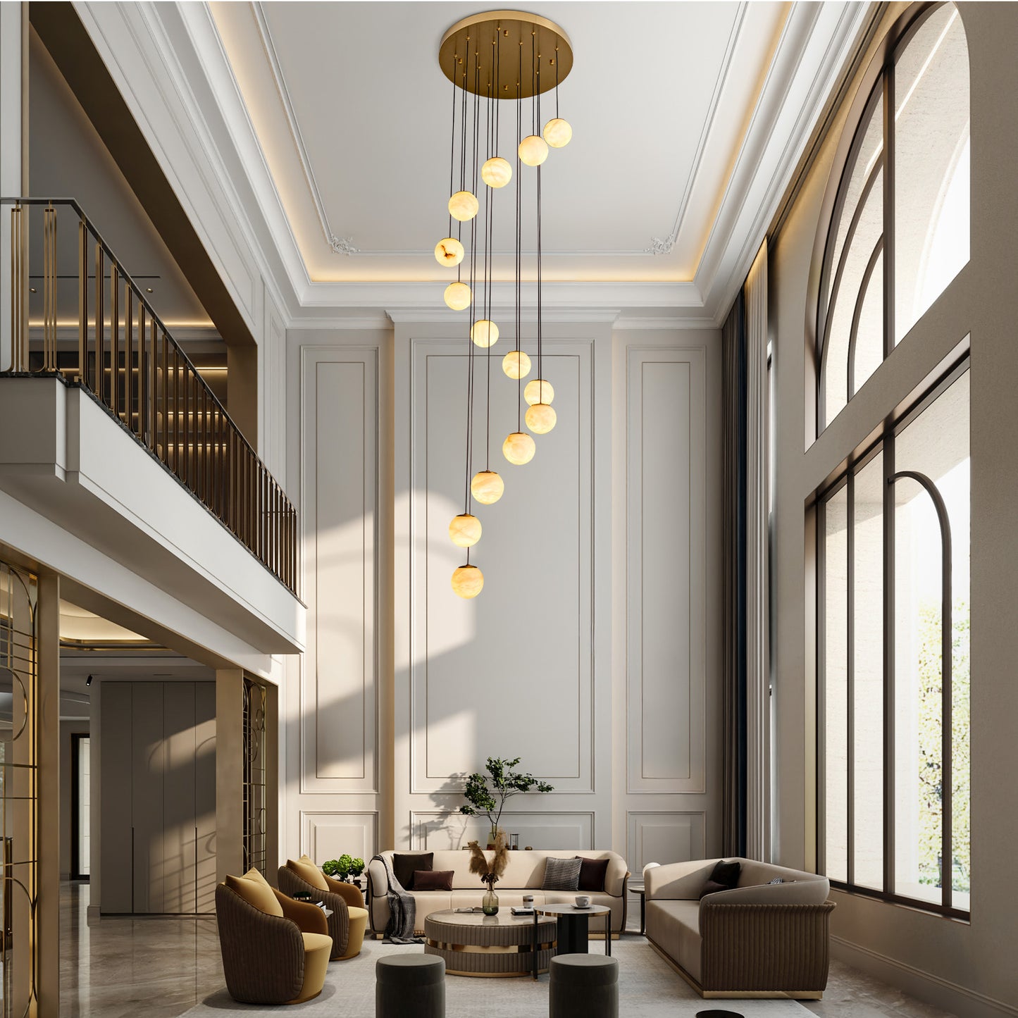 Modern 138 in. H 14-Light Gold Globe Staircase Chandelier, Natural Alabaster Chandelier for High Ceiling, Foyer, Entry