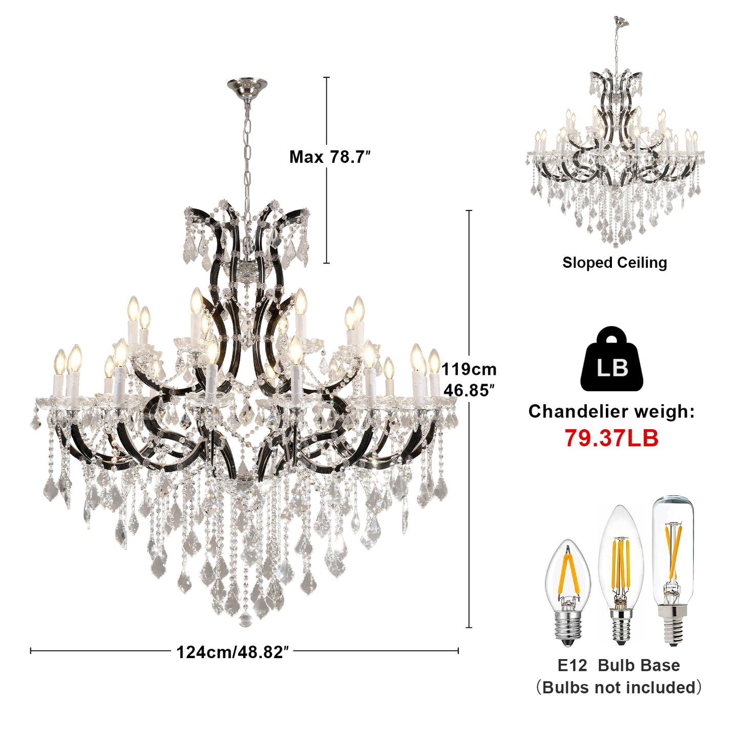 Candle Chandelier 49 in. 24-Lights Black Luxury Crystal Chandelier for Dinning Room, Living Room,Foyer,Bedroom,Staircase