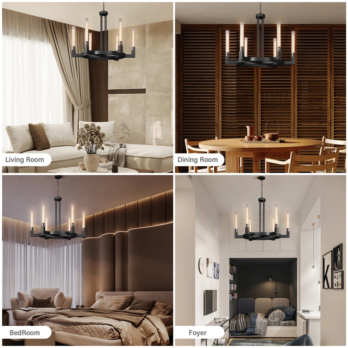 35 in. 6-Light Farmhouse Chandelier, Black Wagon Wheel Chandelier with Glass Tube for Dining Room, Living Room, Entryway