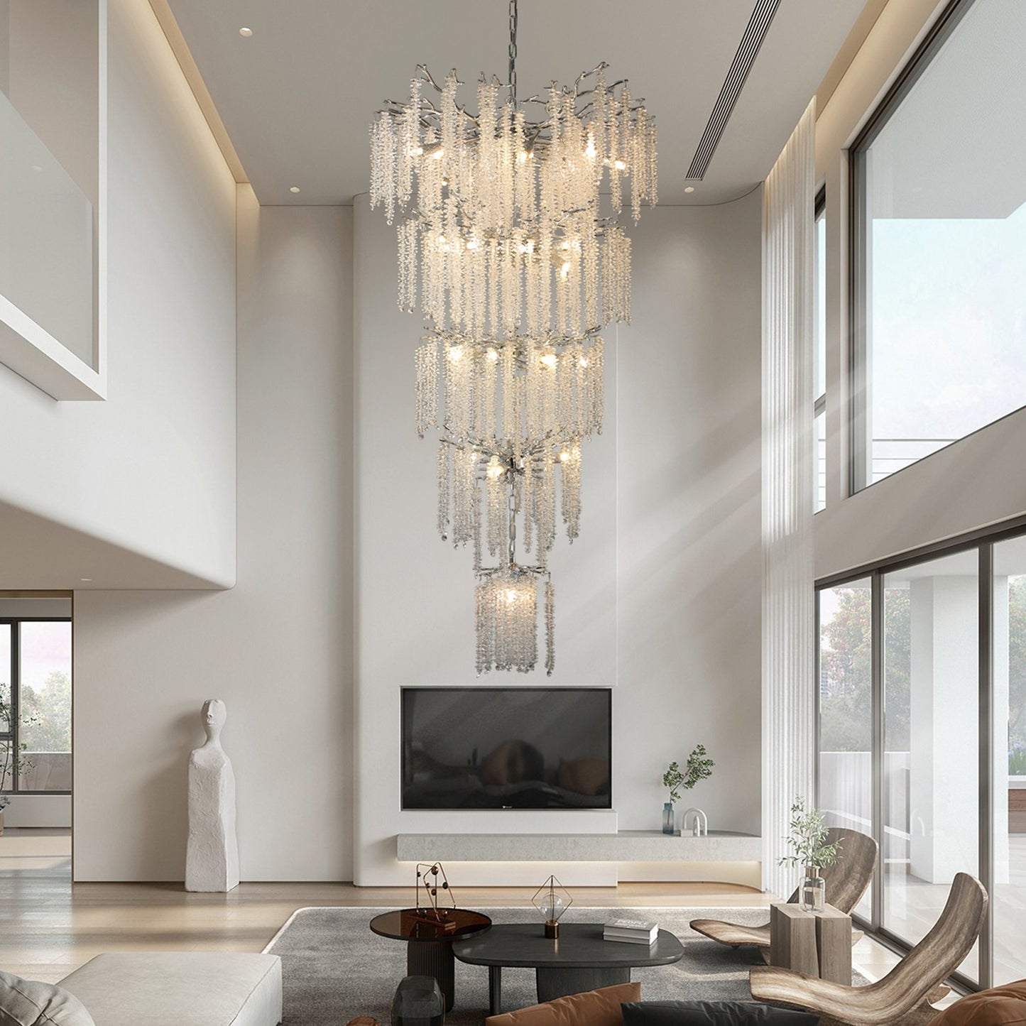 118 in. H, 28-Lights Silver Luxury Crystal Chandelier, Tree Branches Chandelier for Entryway High Ceiling Chandelier