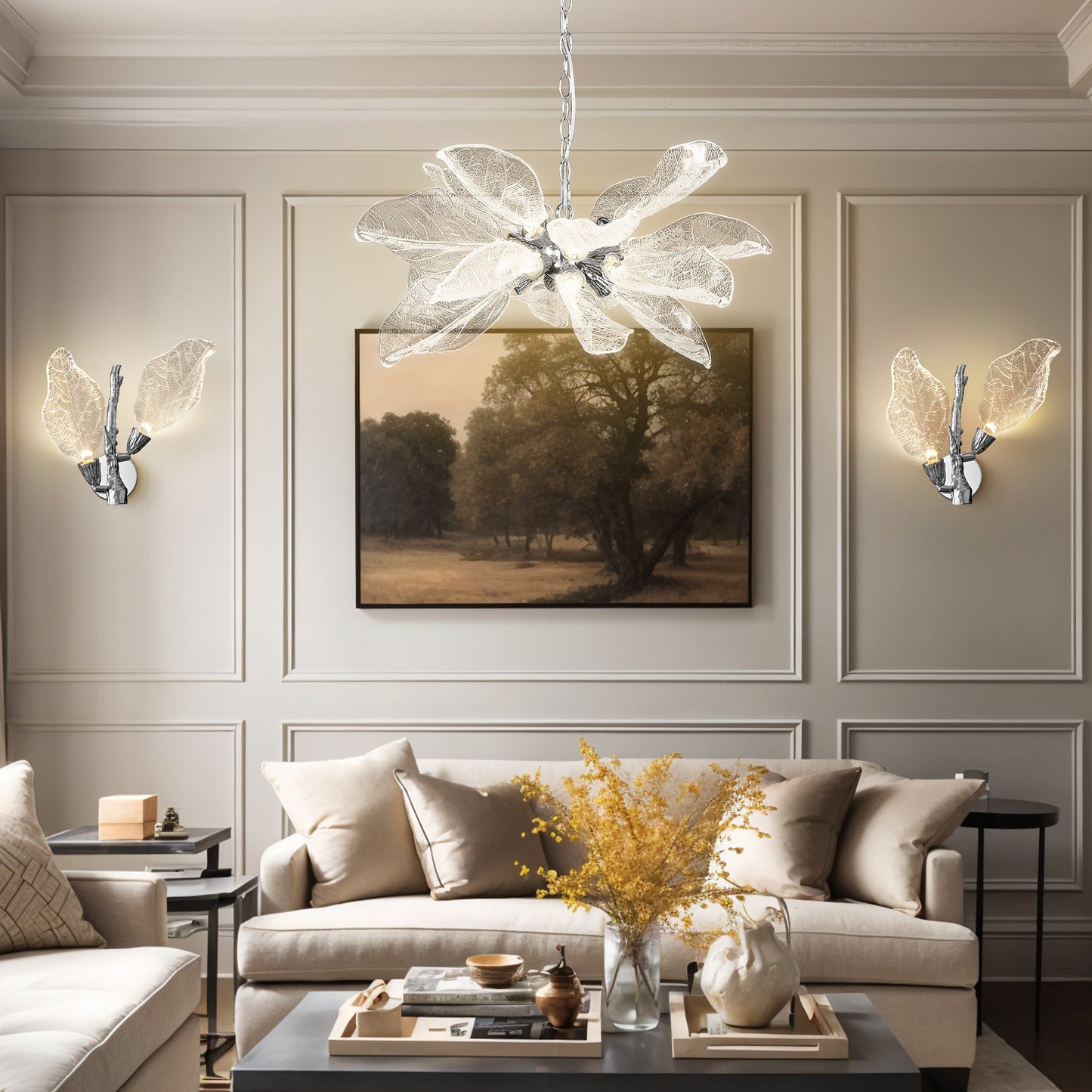 2-Light Silver Bionic Leaf Wall Sconce, LED Vanity Lighting Fixtures for Bathroom Hallway, Living Room, Stairs