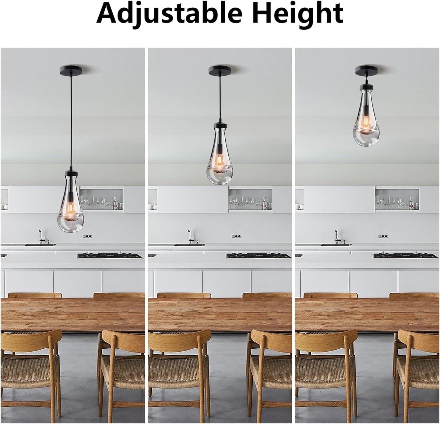 1-Light Modern Black Chandelier, Pendant Light Kitchen Island with Raindrop Glass Shade, (2-Sets)