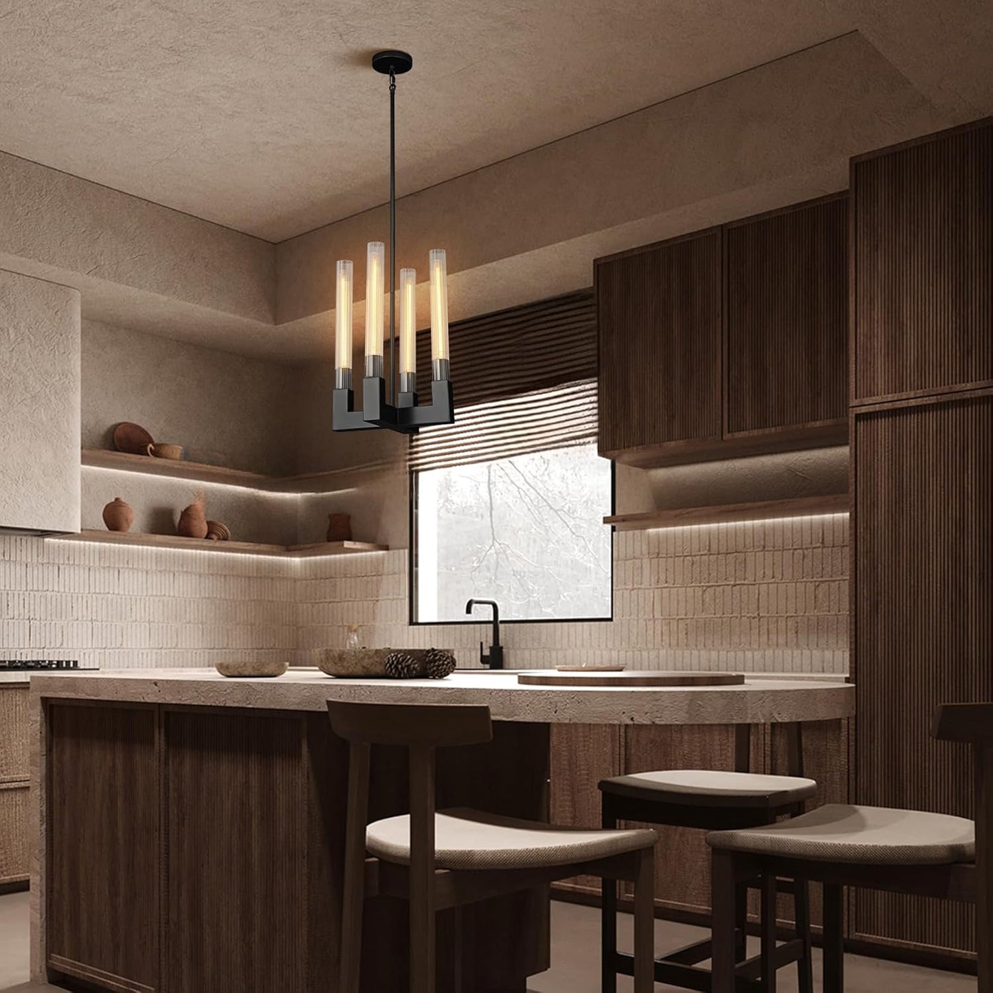 Luxury Pendant Light 12.6 in. 4-Light Black Modern Candle Style Chandelier with Glass Tube Dinning Room Kitchen Island