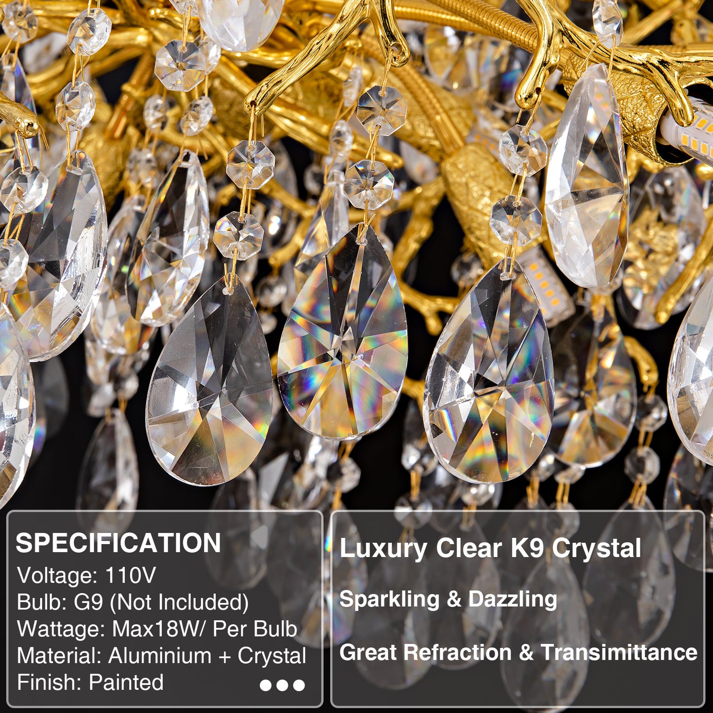 14-Lights Gold Luxury Crystal Linear Chandelier, Modern Tree Branch Chandelier for Dinning Room, Kitchen, Living Room