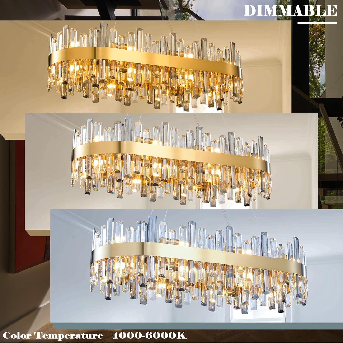 35.4 in. 16-Light Gold Crystal Chandelier, Modern Rectangular K9 Crystal Hanging Pendant Ceiling Light Fixture