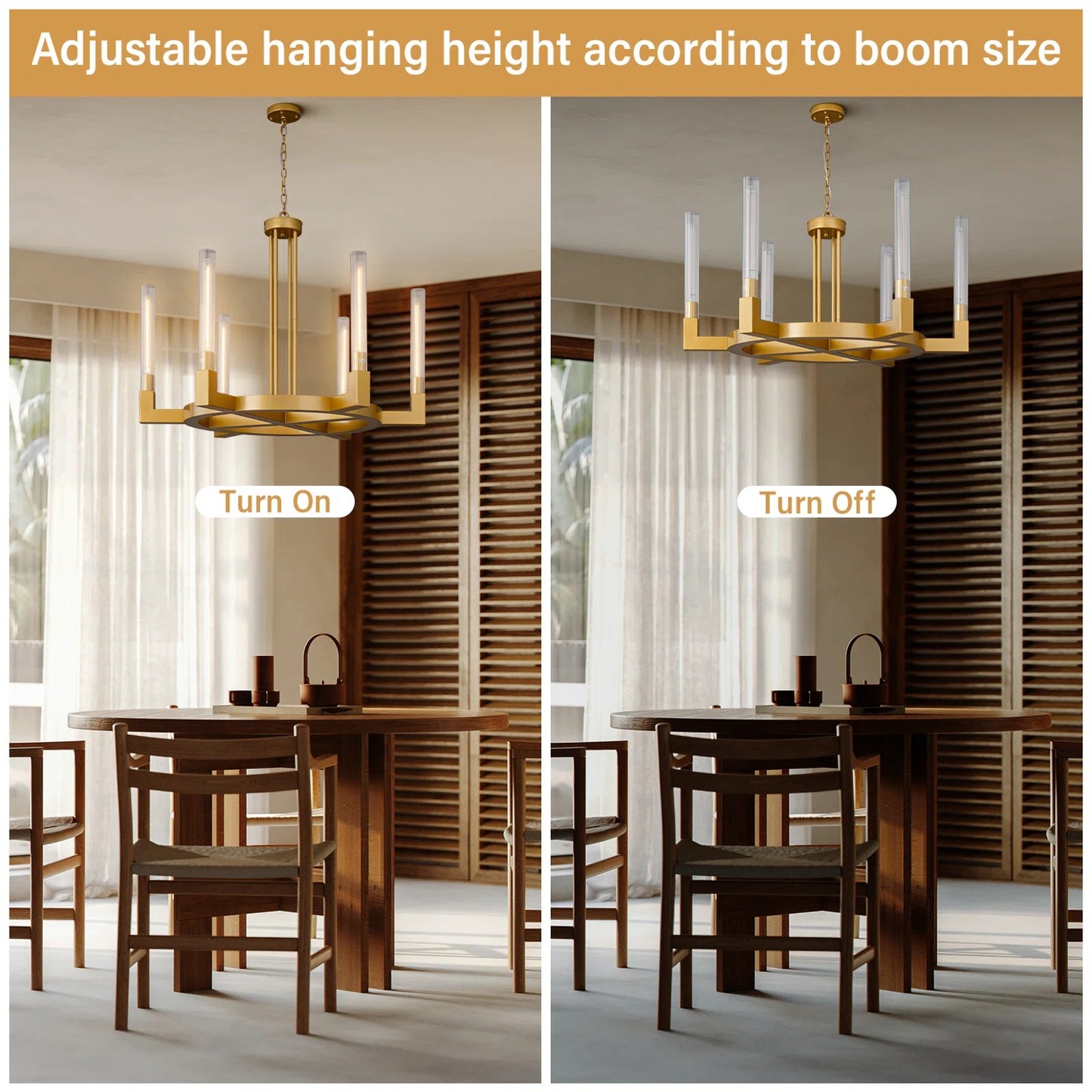 35 in. 6-Light Farmhouse Chandelier, Gold Wagon Wheel Chandelier with Glass Tube for Dining Room, Living Room, Entryway