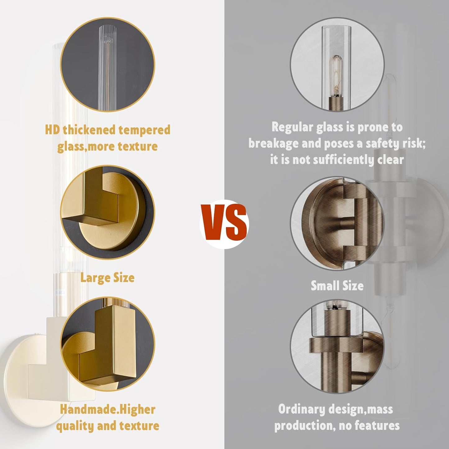 19 in. 1-Light Gold Wall Sconce, Modern Glass Vanity Lights Set of 2, Wall Lamp for Bathroom, Living Room, Bedroom