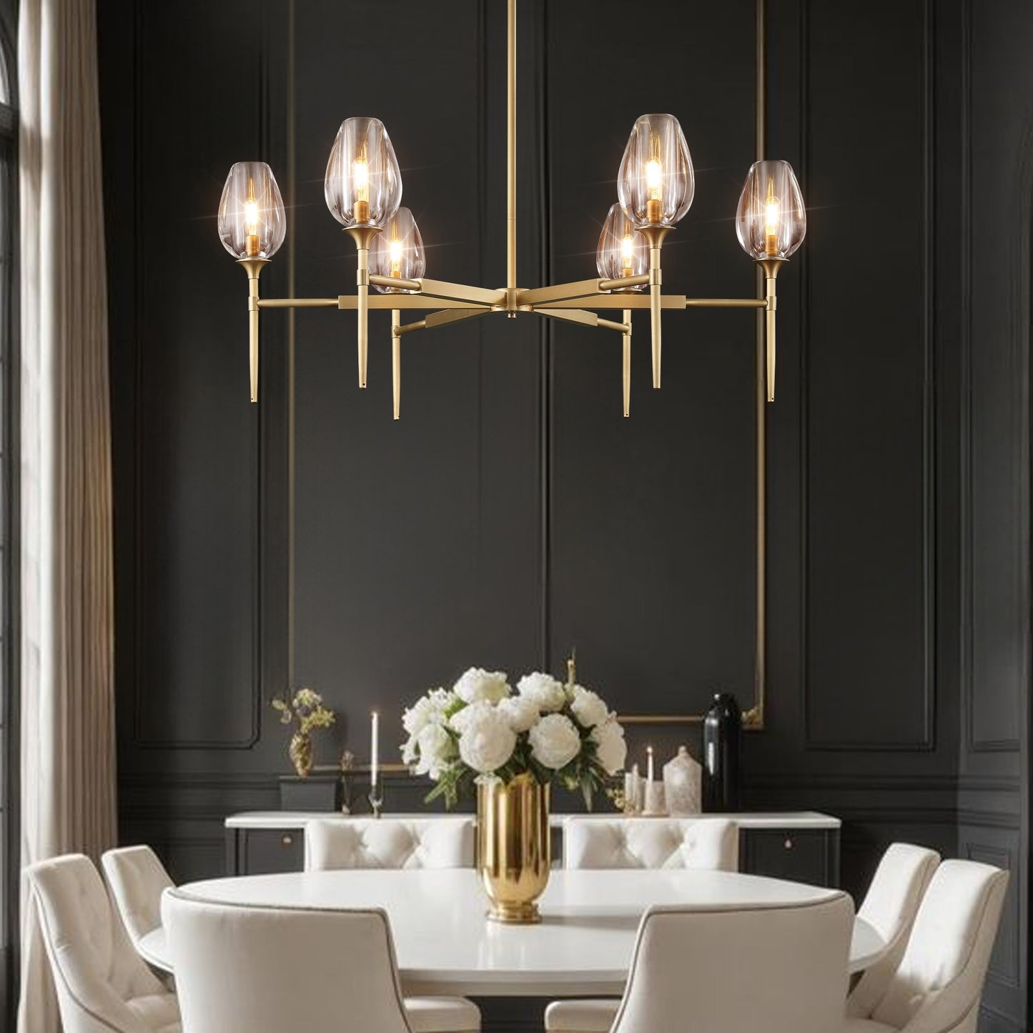 Modern Tulip Chandelier 42 in. 6-Light Gold Tulip Round Chandelier for Dining Room, Living Room, Foyer, Hallway