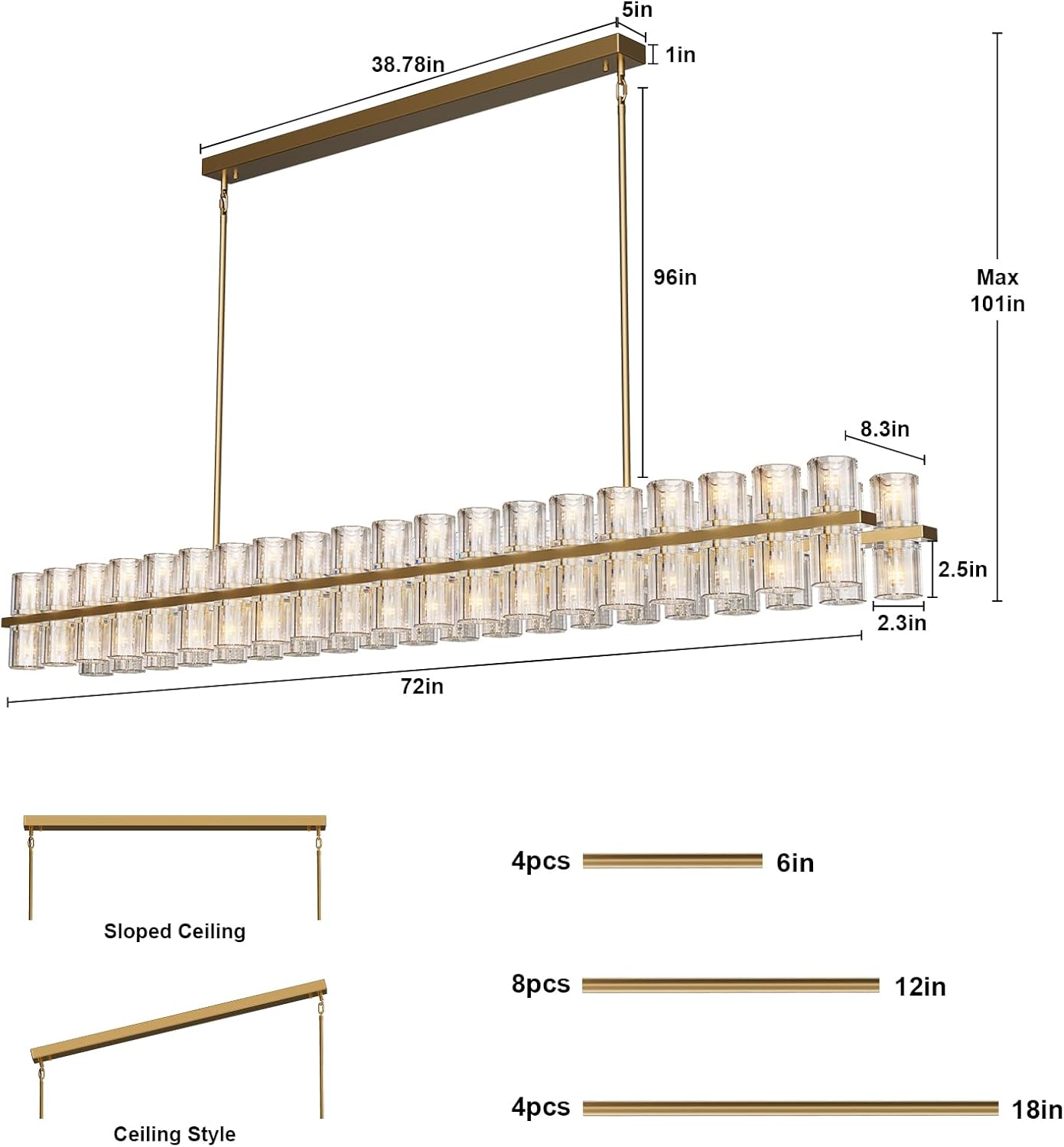 80-Light Gold Rectangular Chandelier, 72 in. Modern K9 Crystal Chandelier for Dining Room, Living Room, Foyer