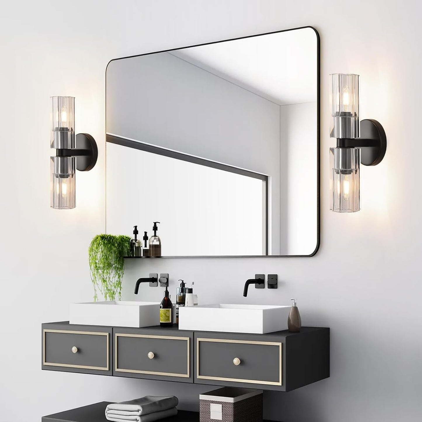 13 in. 2 Light Black Wall Sconce with K9 Crystal Lampshade, Luxury Wall Light for Bedroom, Dining Room, Set of 2