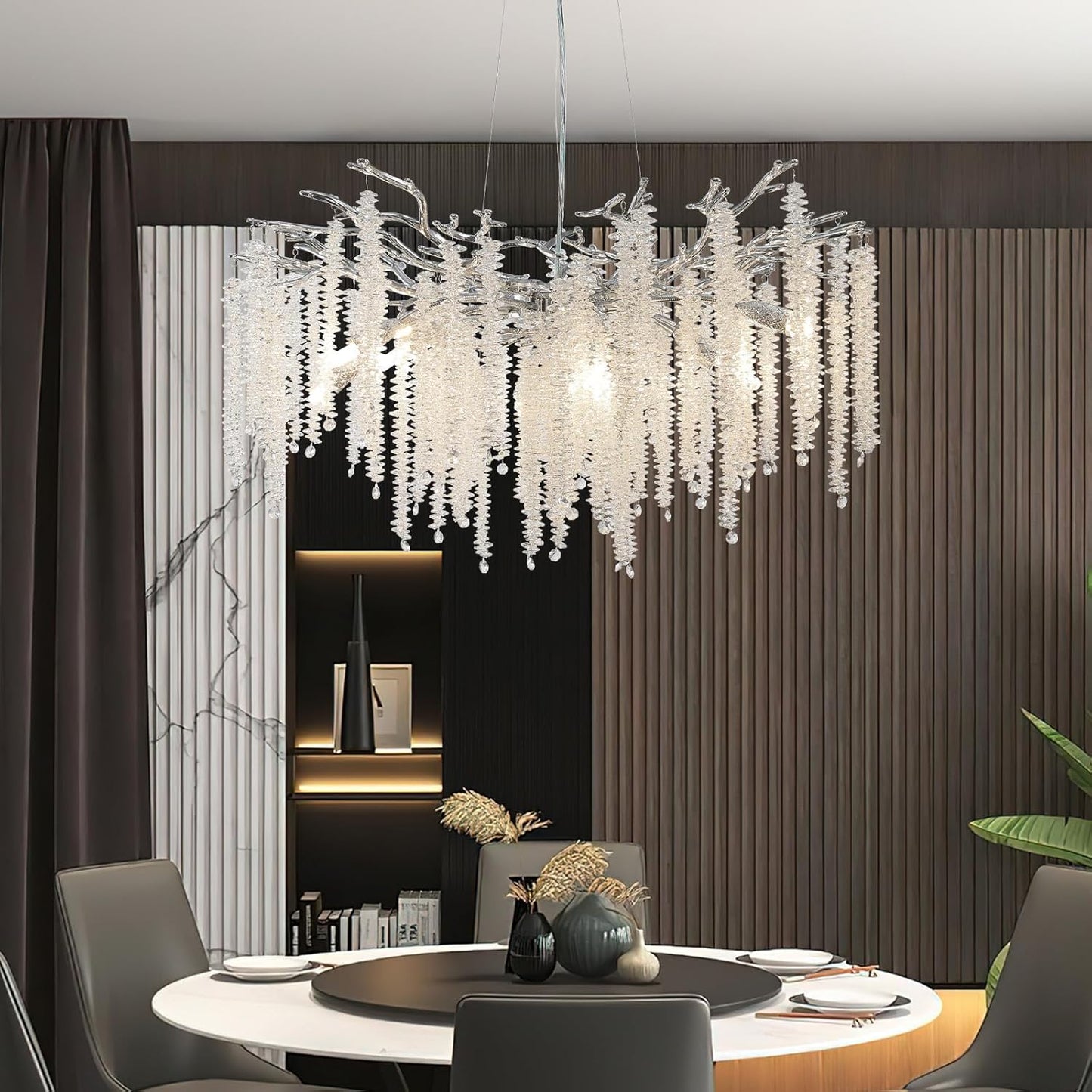 30 in. 10 Light Modern Crystal Chandelier,Silver Round Luxury Tree Branch Chandelier for Dining Room,Living Room,Bedroom