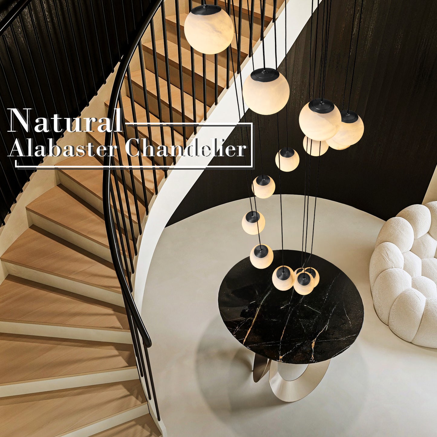 Modern 138 in. H 14-Light Black Globe Staircase Chandelier, Natural Alabaster Chandelier for High Ceiling, Foyer, Entry
