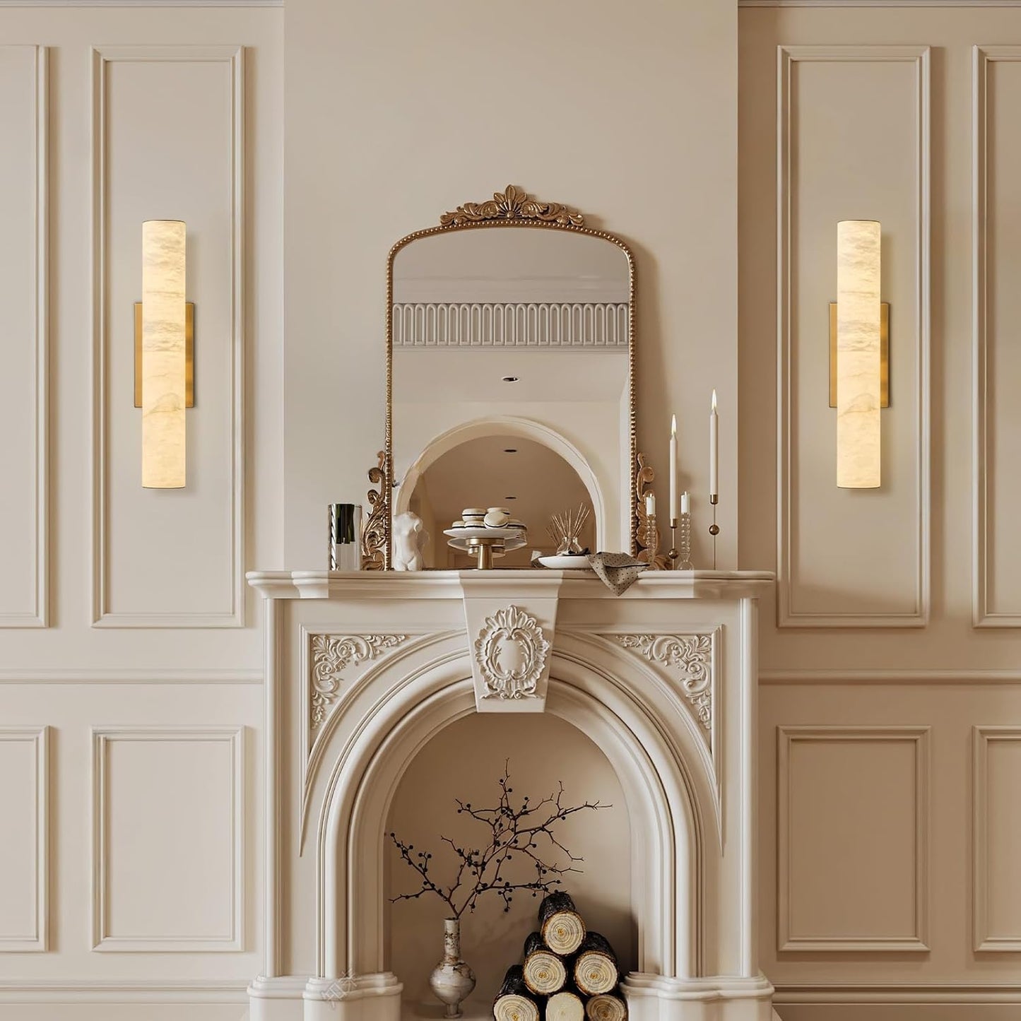 1-Light 20" Modern Gold LED Alabaster Wall Sconce, Cylinder Natural Marble Wall Light for Living Room, Bedroom, Hallway