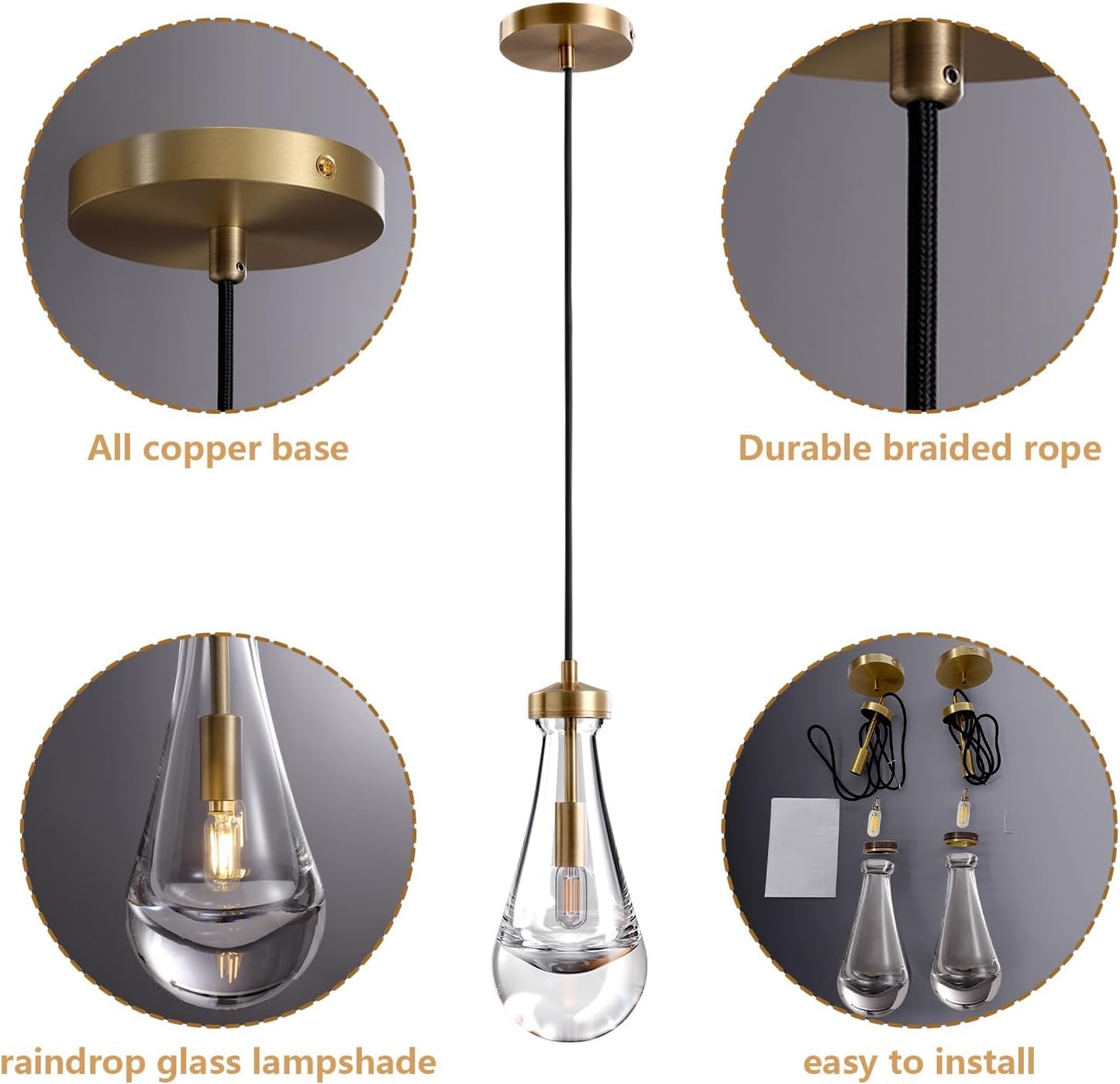 1-Light Modern Gold Chandelier, Pendant Light Kitchen Island with Raindrop Glass Shade (2-Sets)