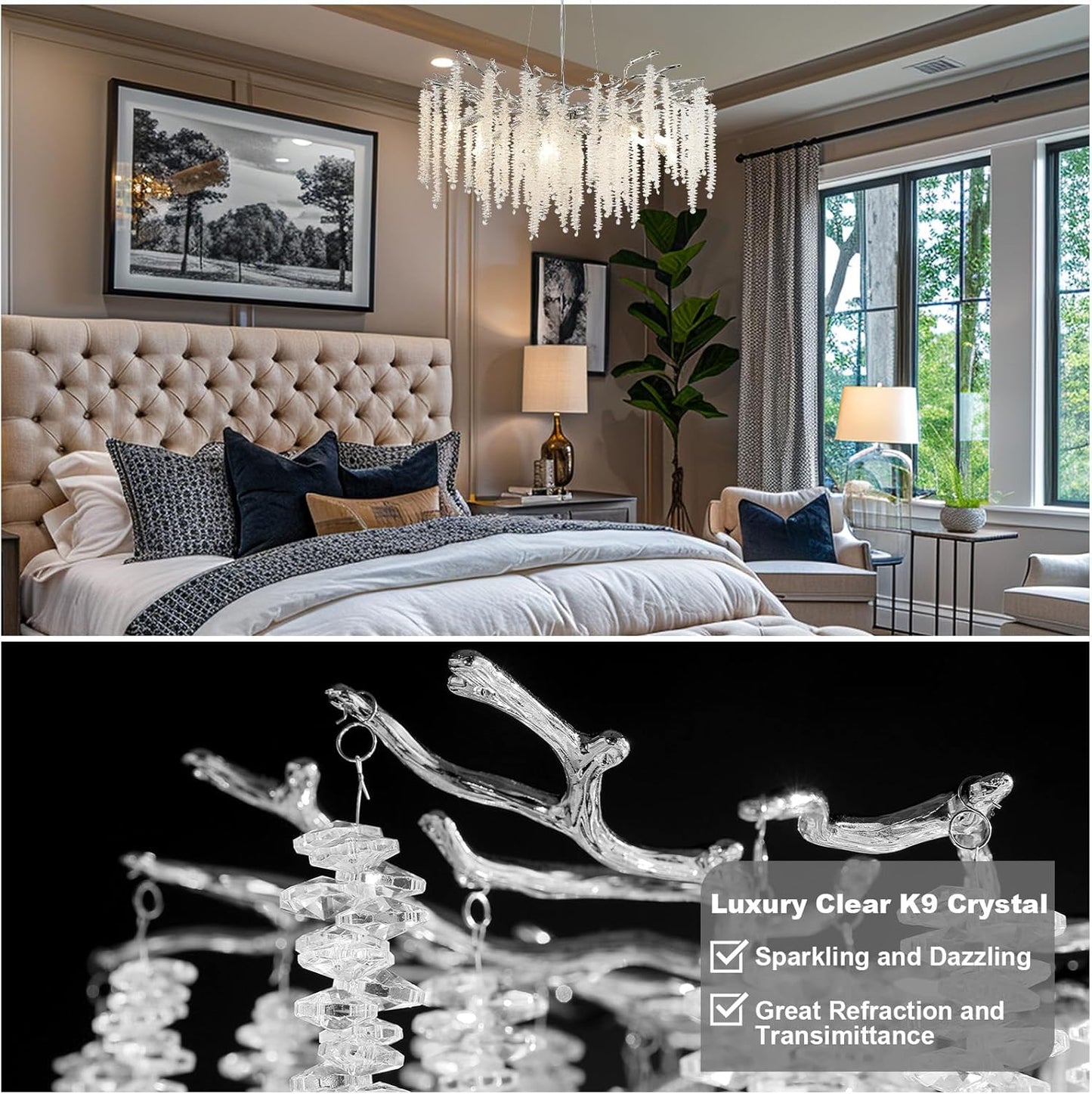 30 in. 10 Light Modern Crystal Chandelier,Silver Round Luxury Tree Branch Chandelier for Dining Room,Living Room,Bedroom