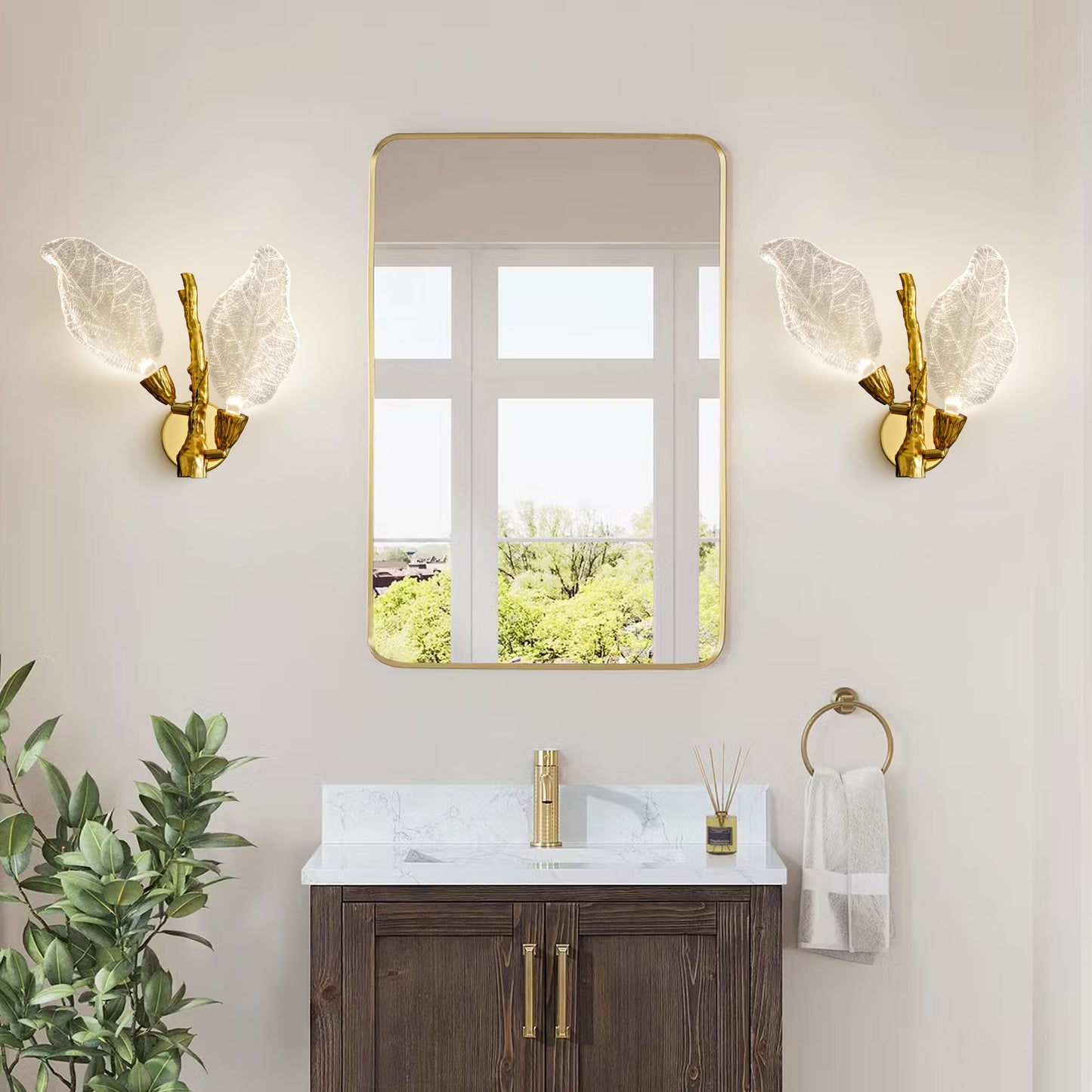 2-Light Gold Bionic Leaf Wall Sconce, LED Vanity Lighting Fixtures for Bathroom Hallway, Living Room, Stairs