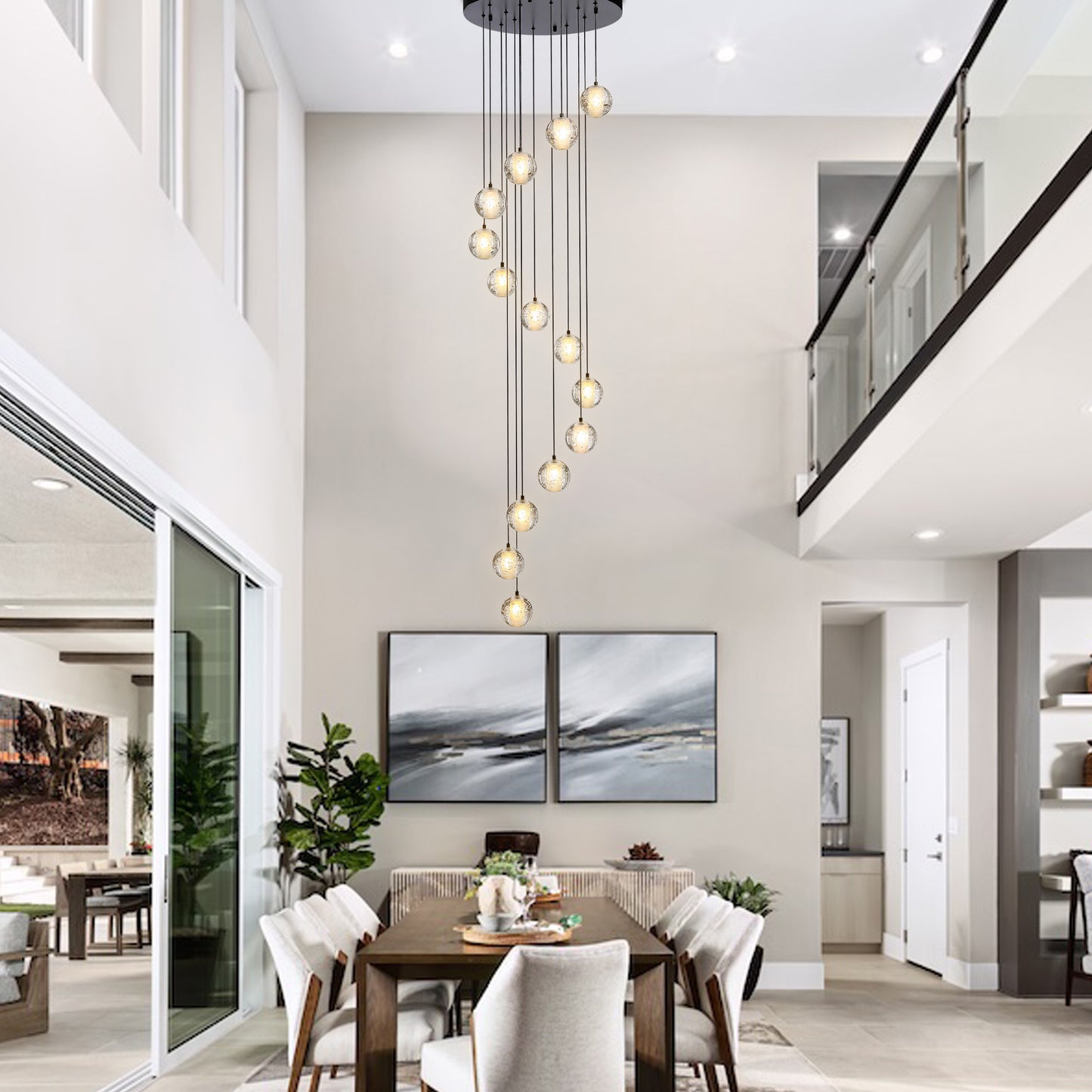 120 in. H 14-Light Black Staircase Chandelier Modern Pendant Light w/Glass Shade for High Ceiling Living Room EntryFoyer