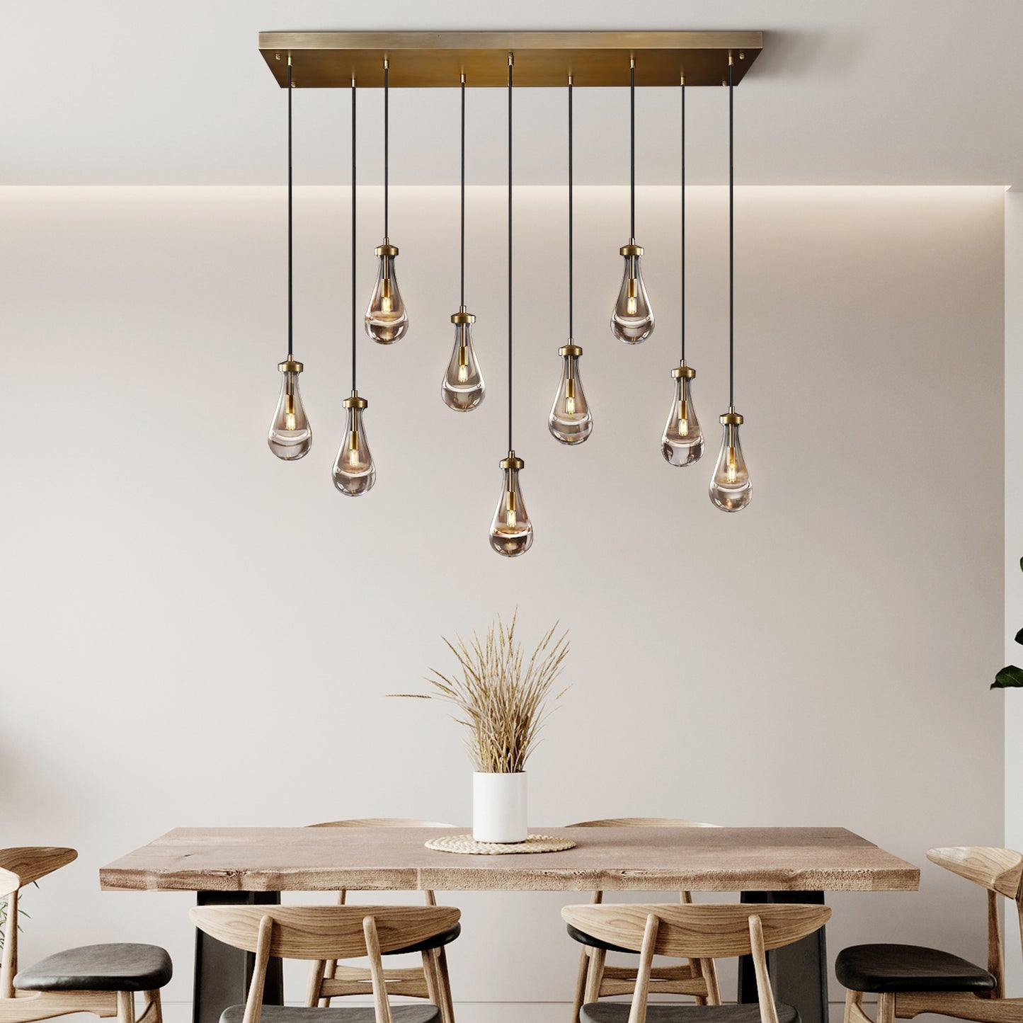 9-Light Gold Raindrop Chandelier, Modern Glass Pendant Light for Living Room, Kitchen Island, Bulb Included