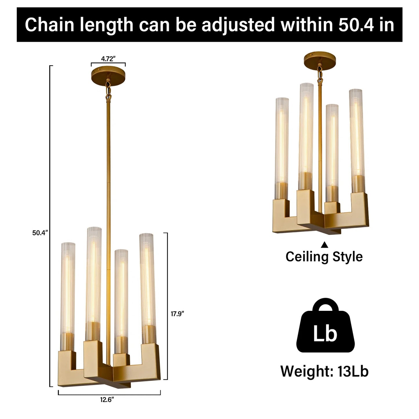 Luxury Pendant Light 12.6 in. 4-Light Gold Modern Candle Style Chandelier with Glass Tube Dinning Room Kitchen Island