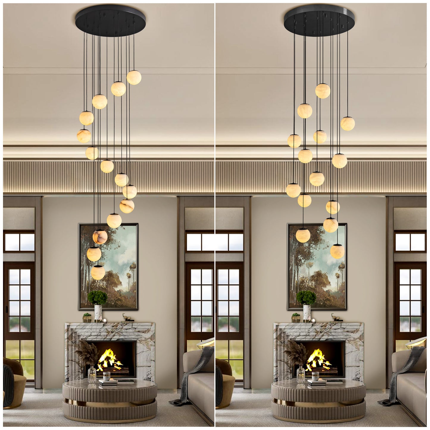 Modern 138 in. H 14-Light Black Globe Staircase Chandelier, Natural Alabaster Chandelier for High Ceiling, Foyer, Entry