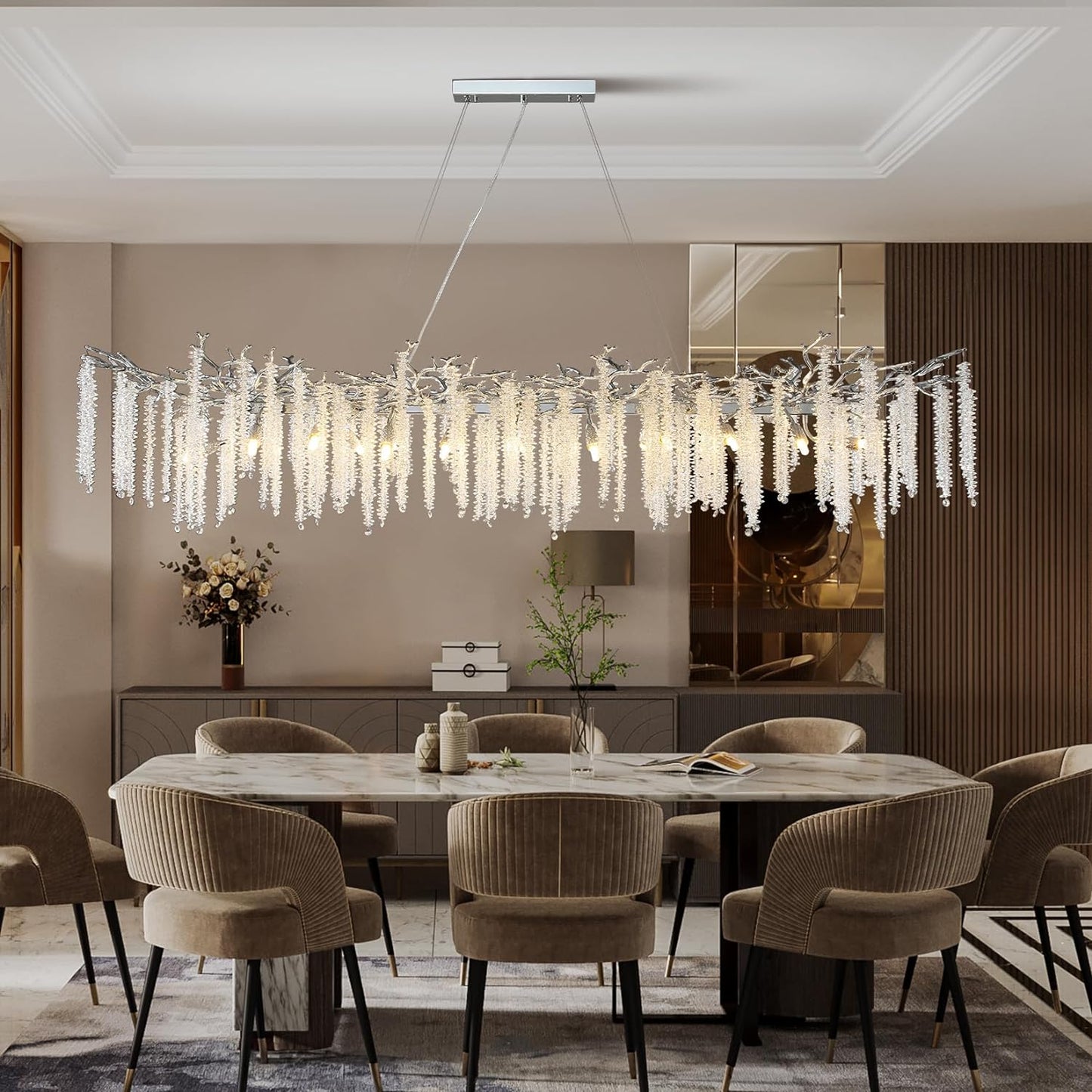 20-Light Silver Chandelier, Luxury Flush Mount Chandelier with K9 Crystal, for Dining Room, Living Room, Kitchen
