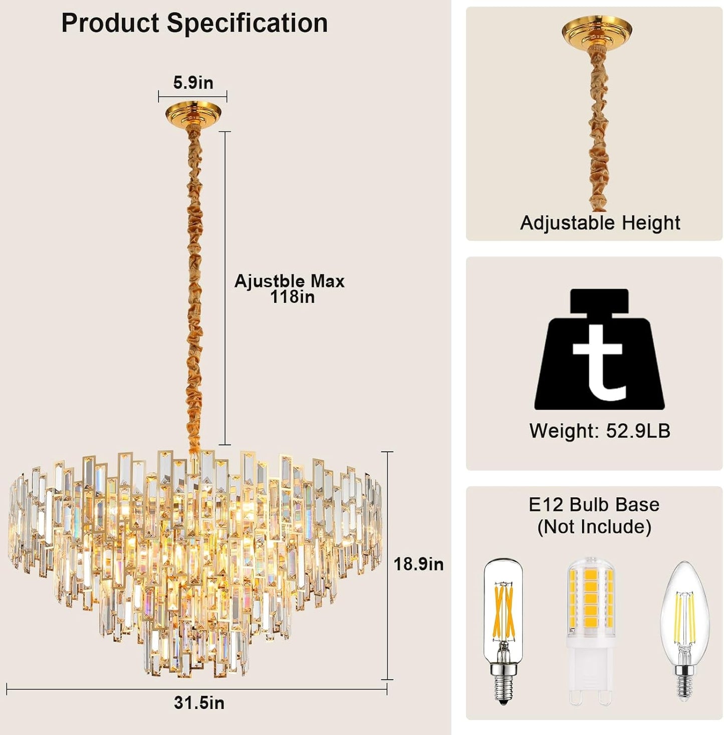 31.5" Modern Chandelier 19-Light 4-Tier Gold Round K9 Crystal Chandelier for Dining Room, Living Room,Entryway and Foyer