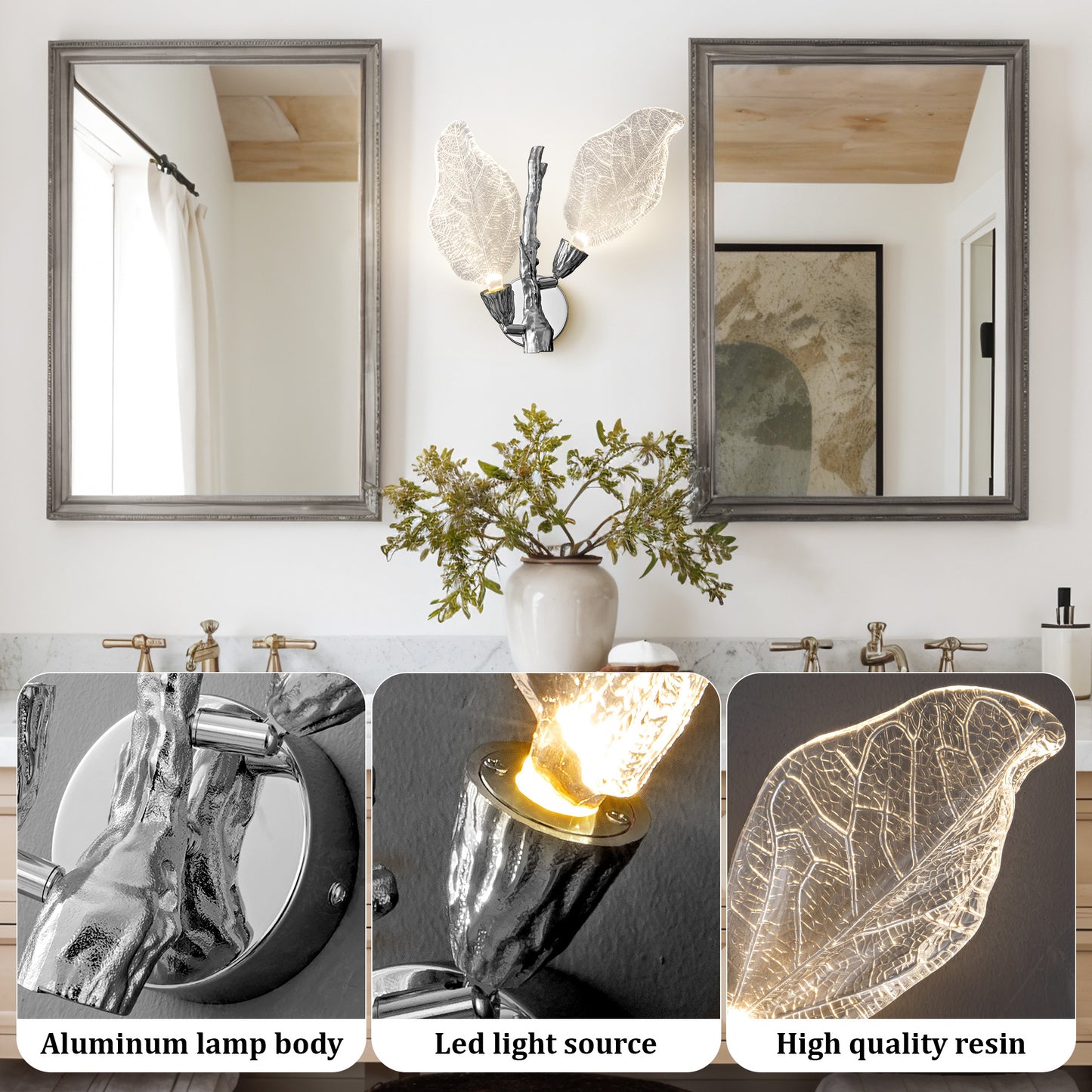 2-Light Silver Bionic Leaf Wall Sconce, LED Vanity Lighting Fixtures for Bathroom Hallway, Living Room, Stairs