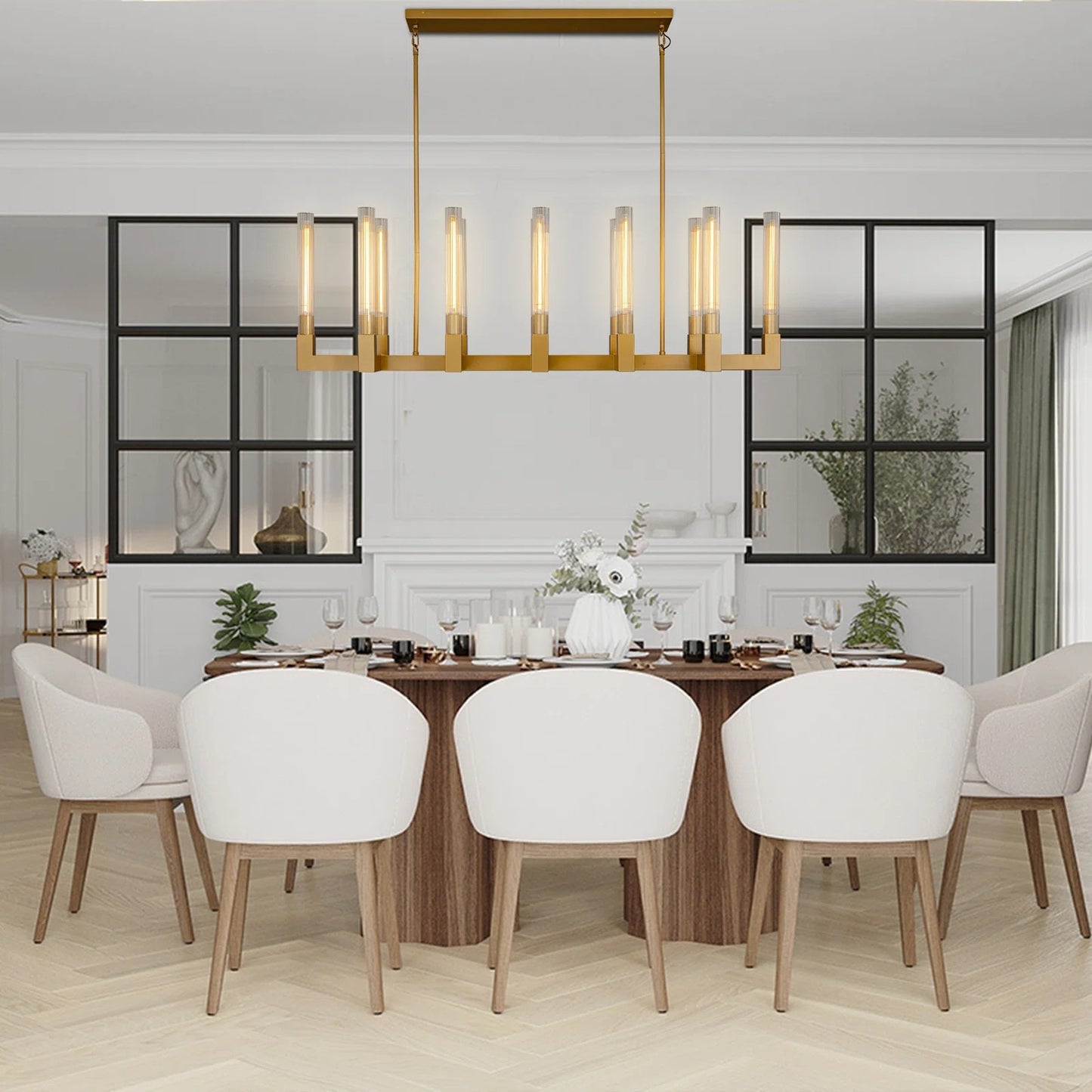 12-Light Copper Candlestick Chandelier, Modern Chandelier with Glass Shade, Retangular Luxurious Ceiling Pendant Light