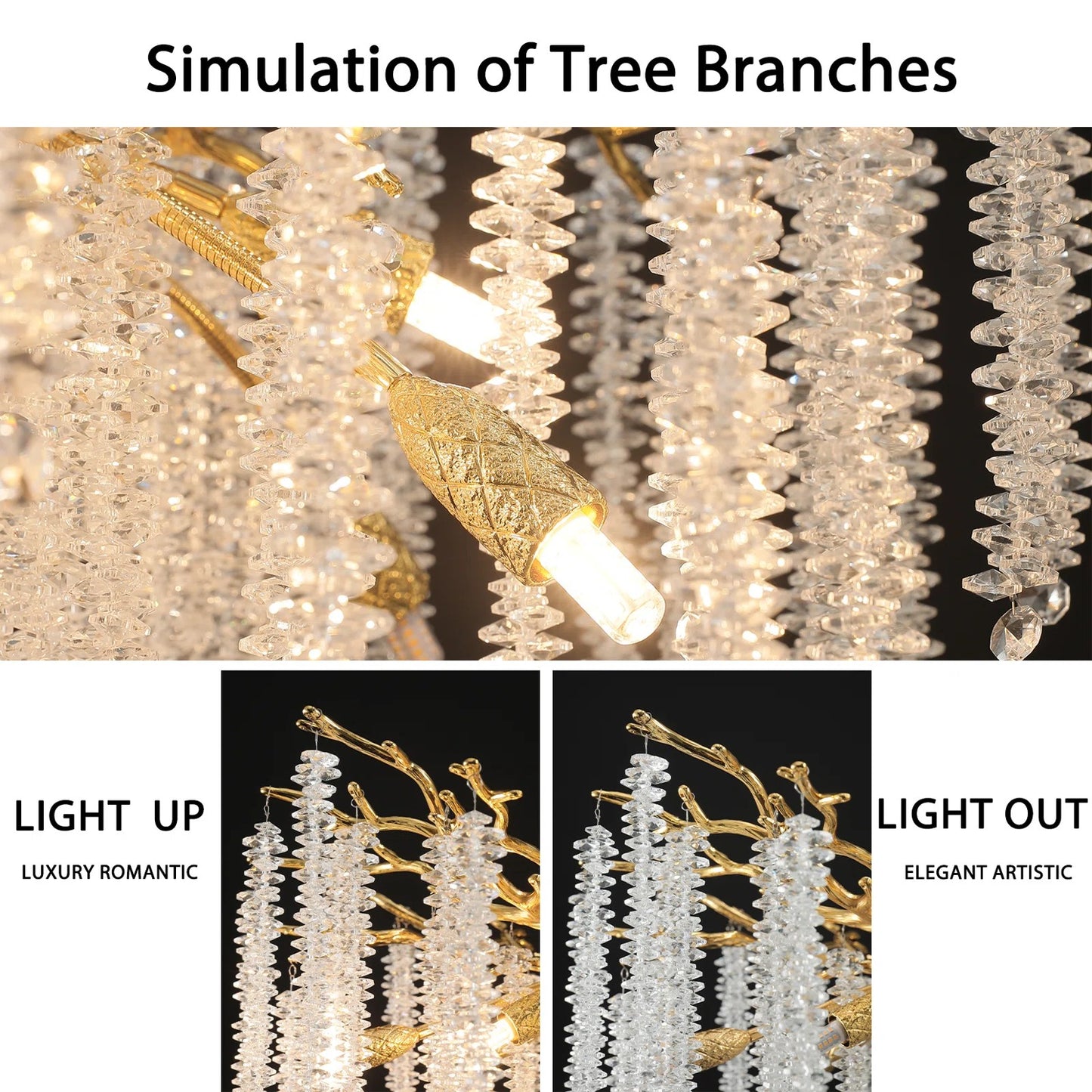 24 in. 8-Light Modern Crystal Chandelier, Gold Round Luxury Tree Branch Chandelier for Dining Room, Living Room, Bedroom