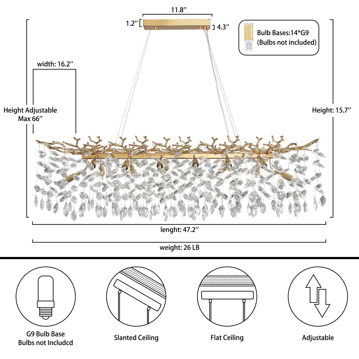 47.2 in. Modern 14-Lights Gold Luxury Crystal Linear Chandelier for Dining Room
