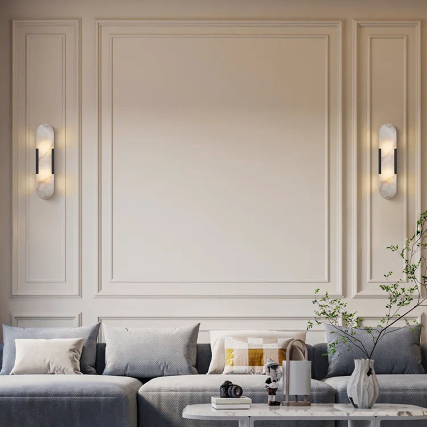 19.8 in. 2-Light Alabaster Black Wall Sconce, Natural Marble Wall Light for Living Room, Dining Room, Bedroom (2-Sets)