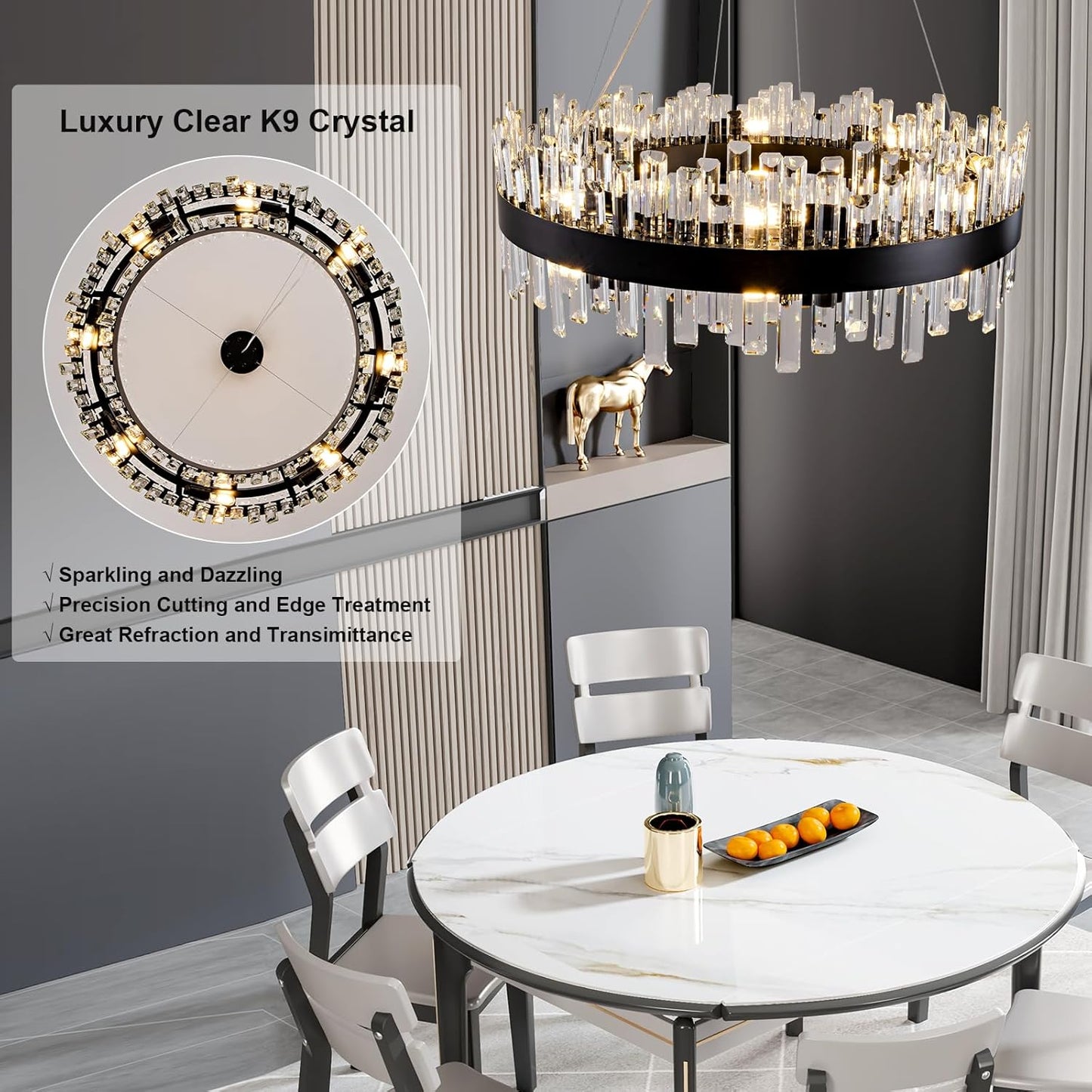 31.5 in. 16-Light Black Crystal Chandelier, Modern Round K9 Crystal Hanging Pendant Ceiling Light Fixture