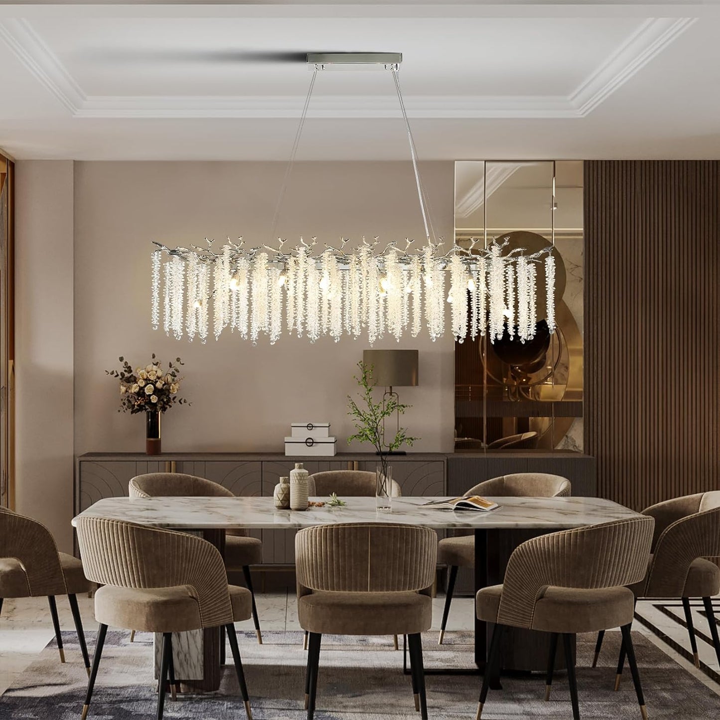 14-Light Silver Chandelier, Luxury Flush Mount Chandelier with K9 Crystal, for Dining Room, Living Room, Kitchen