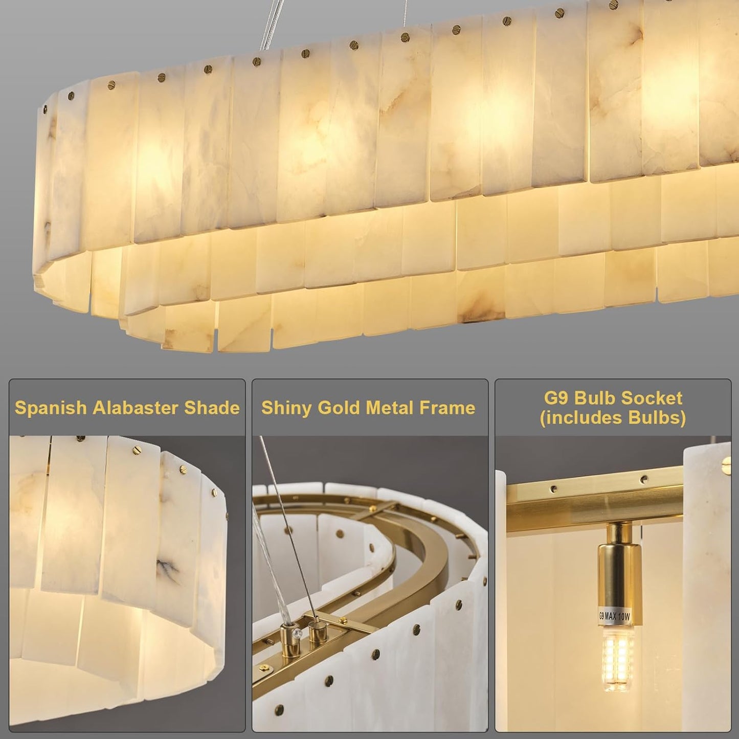 12-Light White Alabaster Chandelier, Adjustable Modern Rectangle Chandelier for Dining Room, Living Room, Kitchen Island