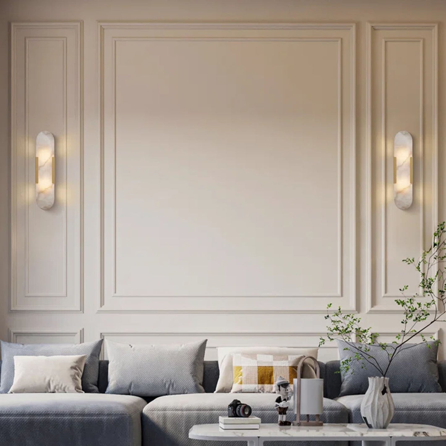 19.8 in. 2-Light Alabaster Gold Wall Sconce, Natural Marble Wall Light for Living Room, Dining Room, Bedroom (2-Sets)