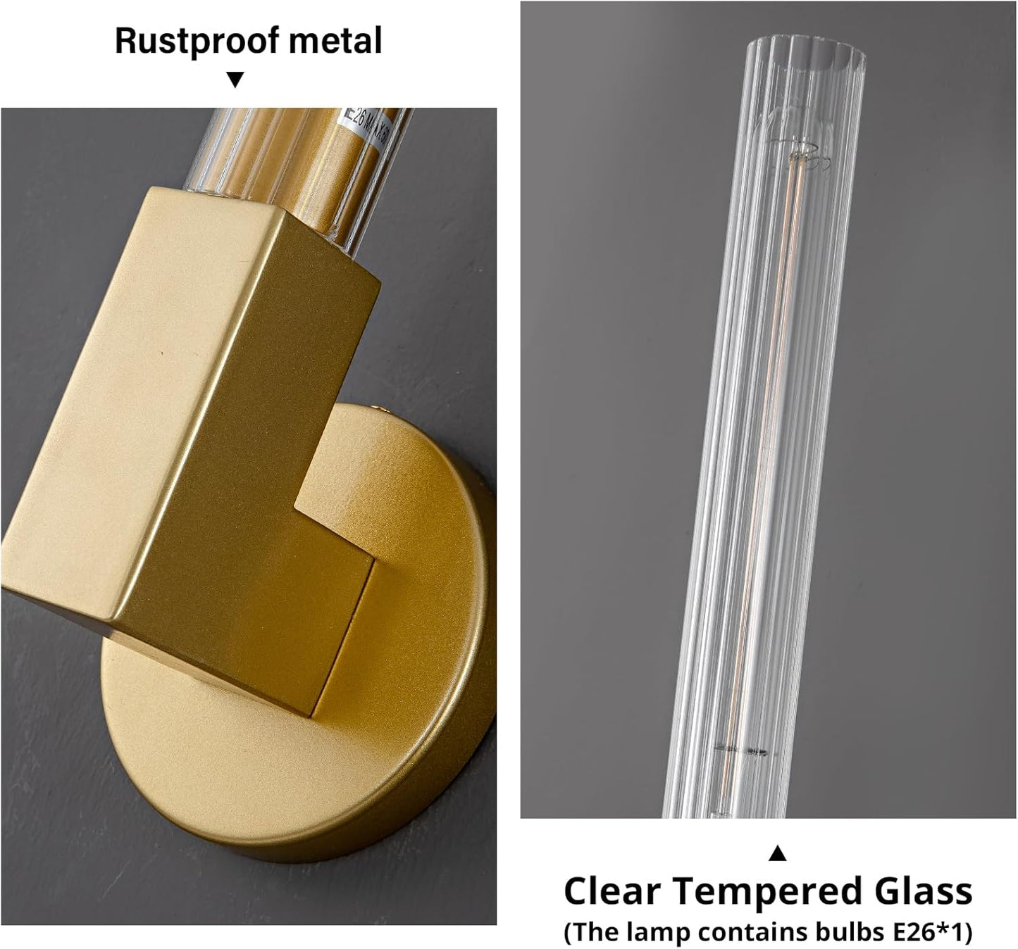 19 in. 1-Light Gold Wall Sconce, Modern Glass Vanity Lights Set of 2, Wall Lamp for Bathroom, Living Room, Bedroom